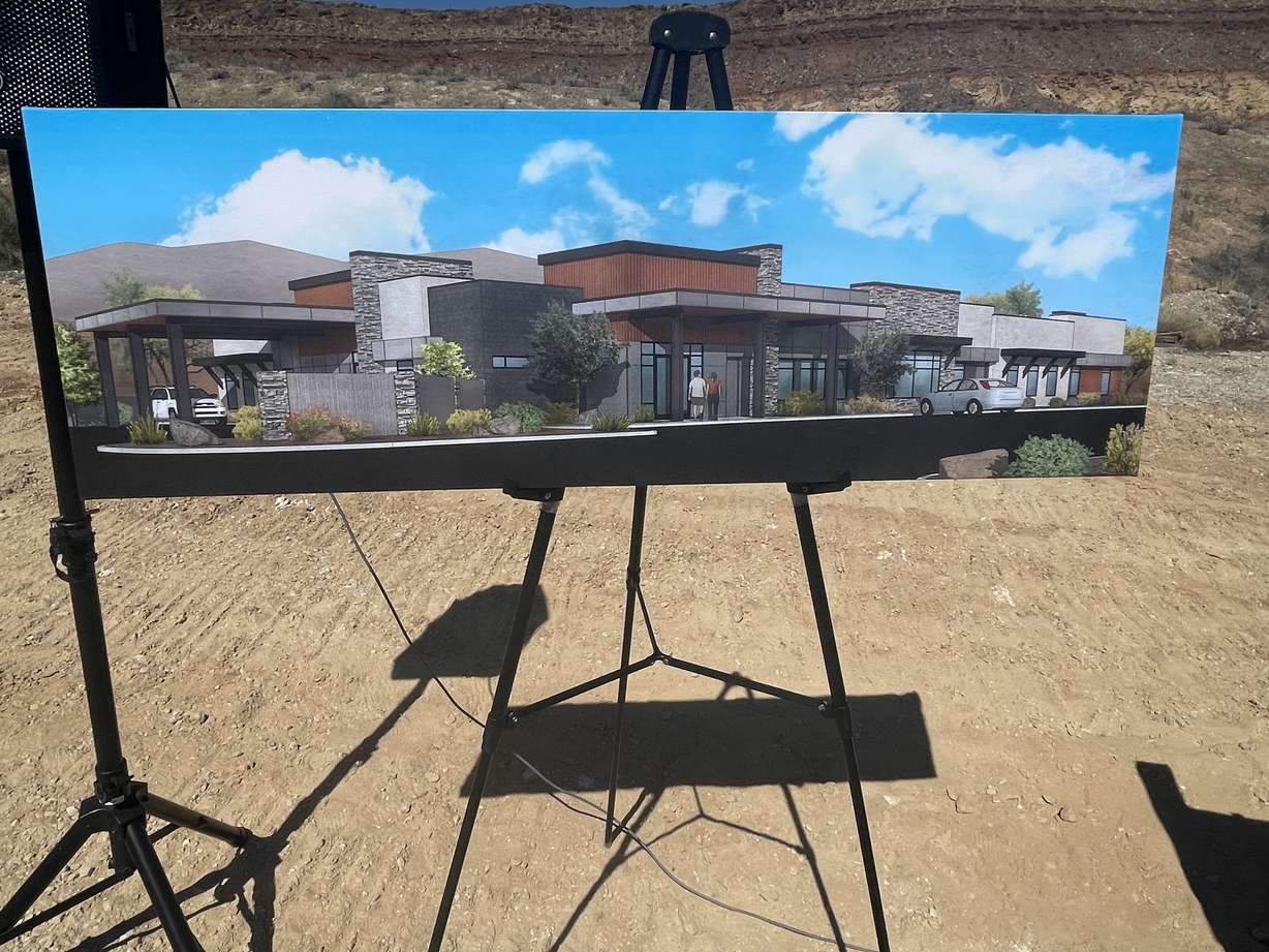 A mock-up of a new mental health receiving center to be built near the Washington County Fairgrounds, 5500 W. 700 South in Hurricane, is shown at a groundbreaking ceremony for the facility on Friday.