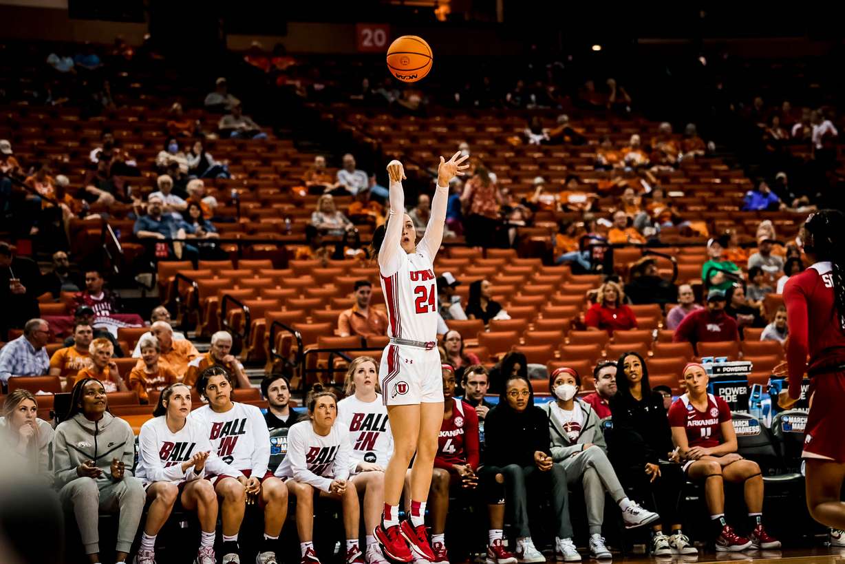 The Utah women's basketball team competes in the first round of the NCAA Tournament against Arkansas in Austin, Texas on March, 18, 2022.