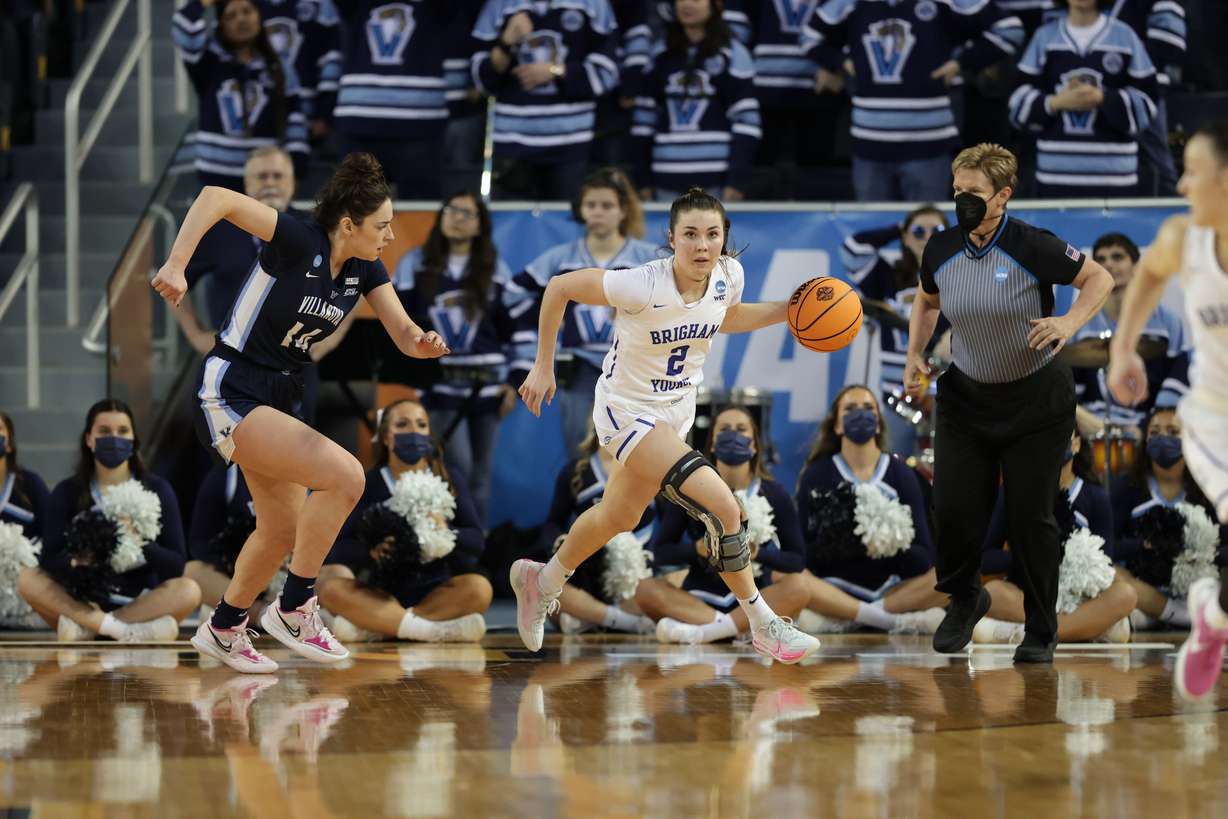 BYU guard Shaylee Gonzales dribbles down the court during an NCAA women's basketball tournament first-round game on Saturday, March 19 in Ann Arbor, Michigan.