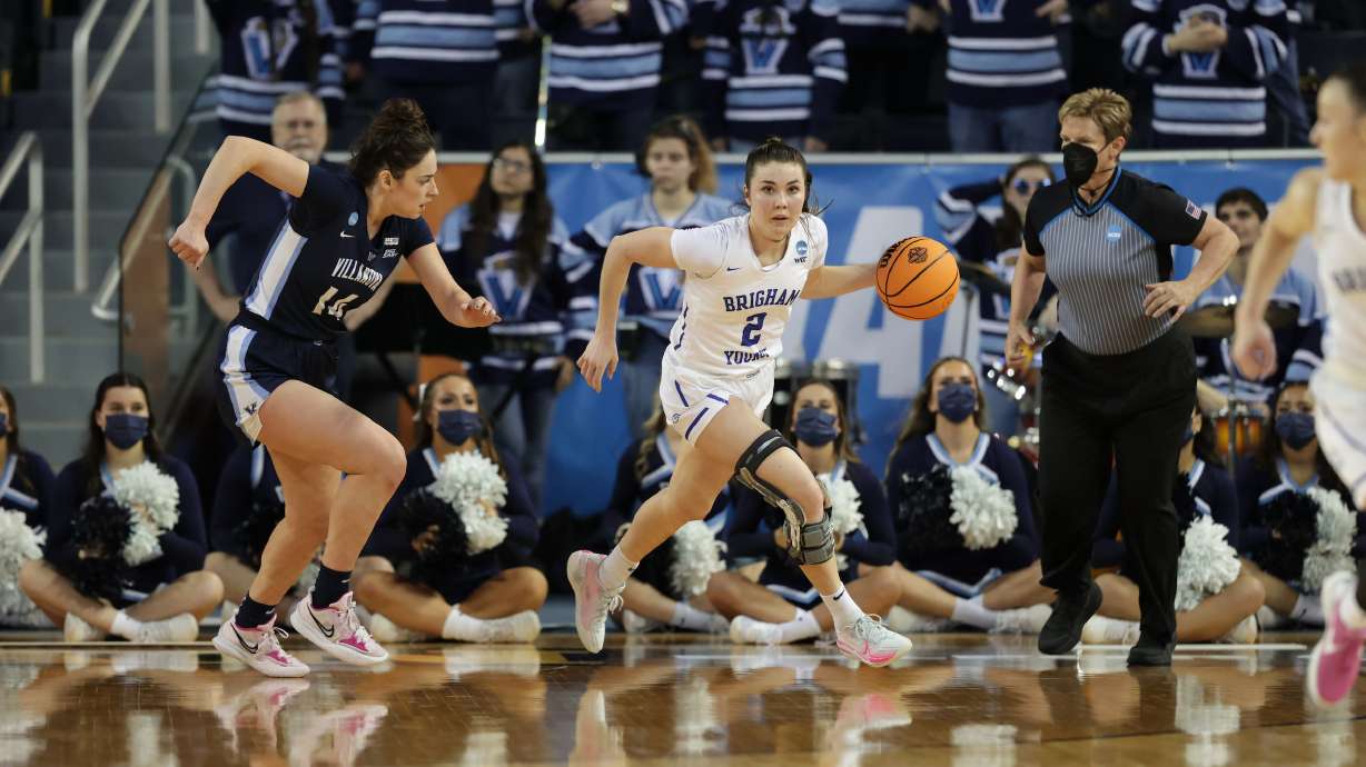BYU guard Shaylee Gonzales dribbles down the court during an NCAA women's basketball tournament first-round game on Saturday, March 19 in Ann Arbor, Michigan.