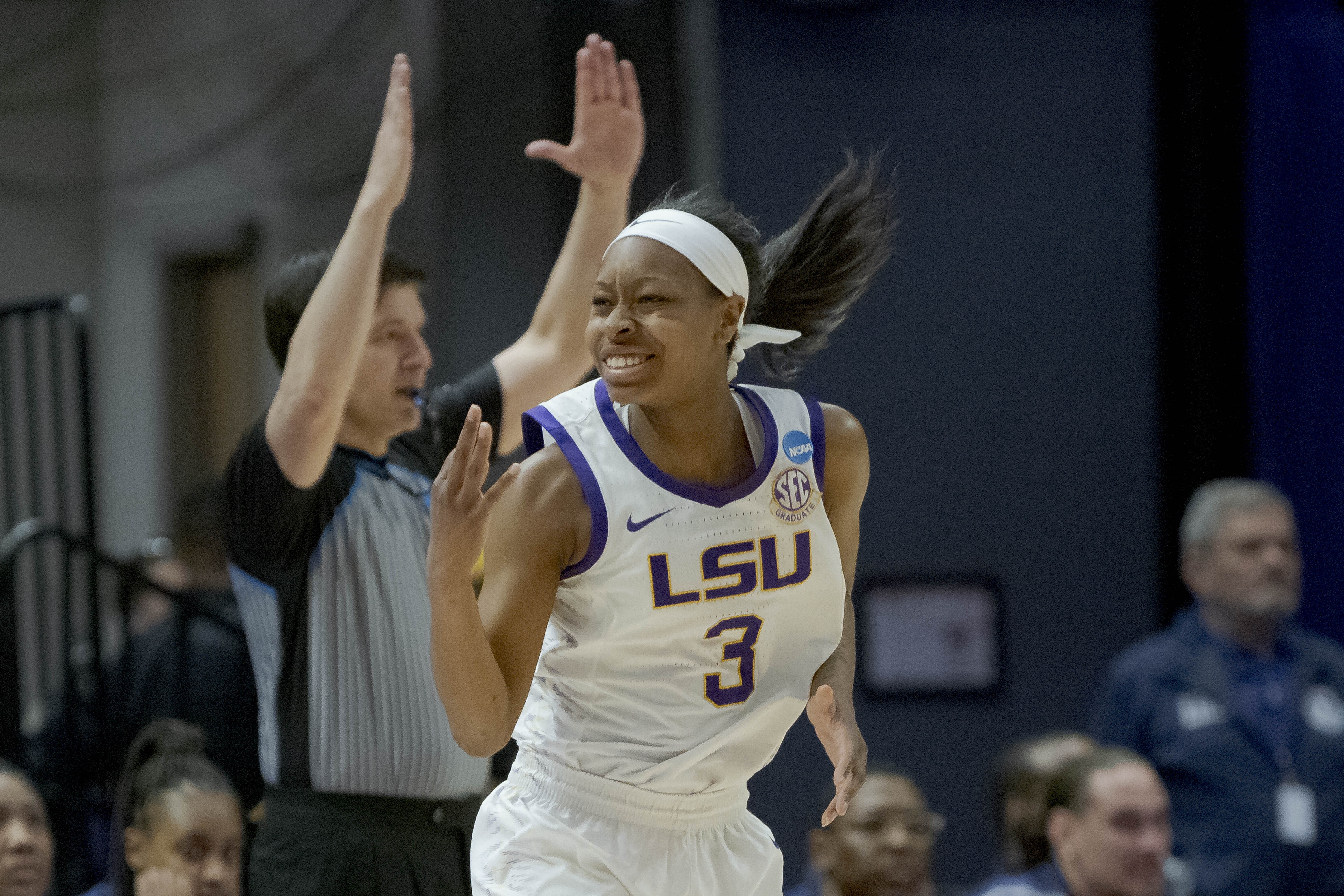 LSU guard Khayla Pointer (3) celebrates a 3-point basket against Jackson State in the first half of a women's college basketball game in the first round of an NCAA tournament, Saturday, March 19, 2022, in Baton Rouge, La. 