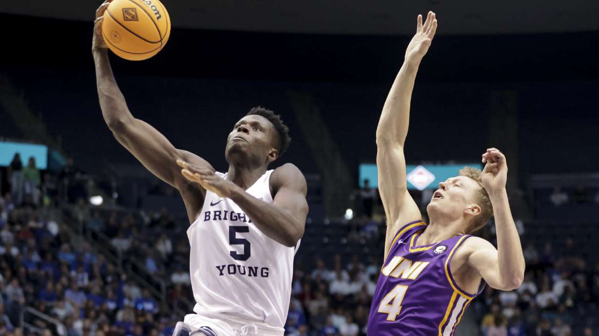 Brigham Young forward Gideon George (5) goes up for a layup as Brigham Young Cougars play Northern Iowa Panthers in a NIT game at the Marriott Center in Provo on Saturday, March 19, 2022.