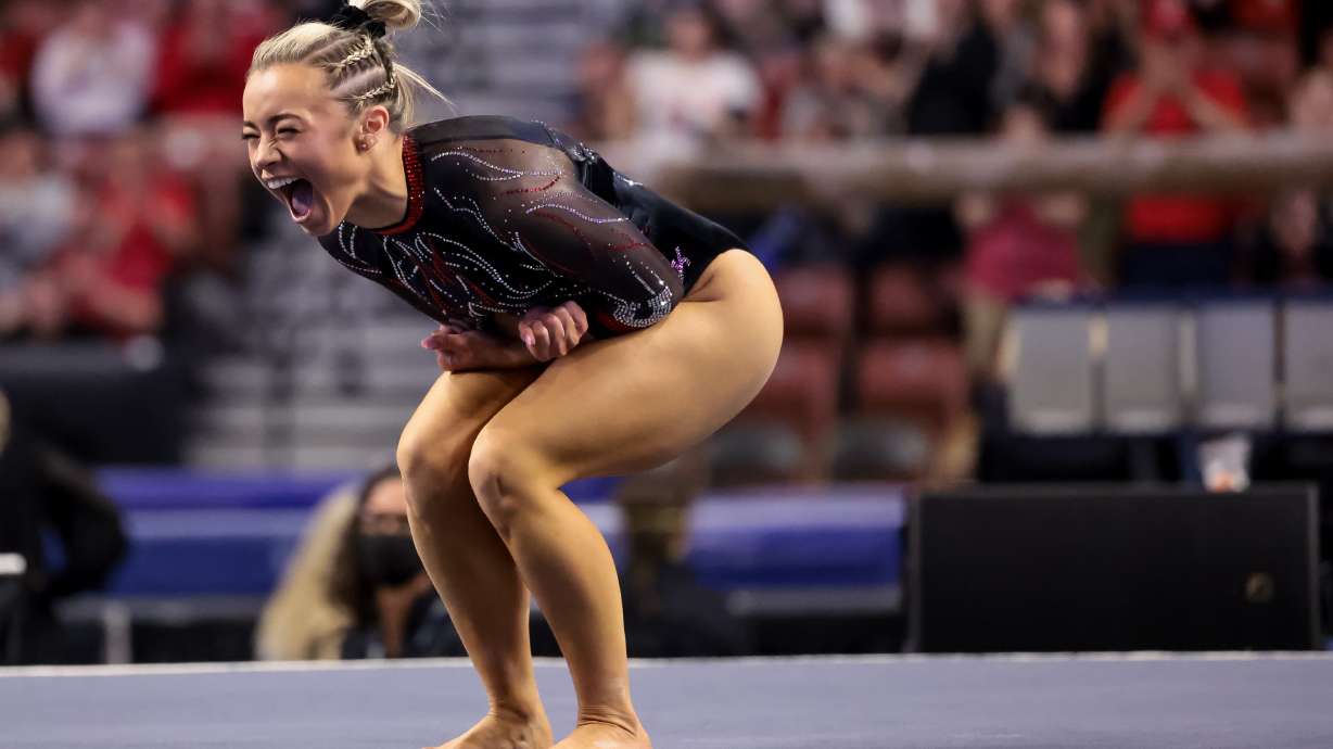Utah’s Sydney Soloski celebrates at the end of her floor routine during the Pac-12 women’s gymnastics championship at the Maverik Center in West Valley City on Saturday, March 19, 2022.
