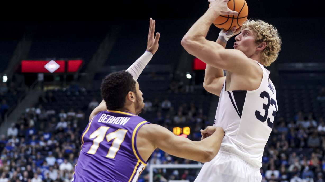 Brigham Young forward Caleb Lohner (33) shoots as Brigham Young Cougars plays Northern Iowa Panthers in a NIT game at the Marriott Center in Provo on Saturday, March 19, 2022. BYU won 90-71.