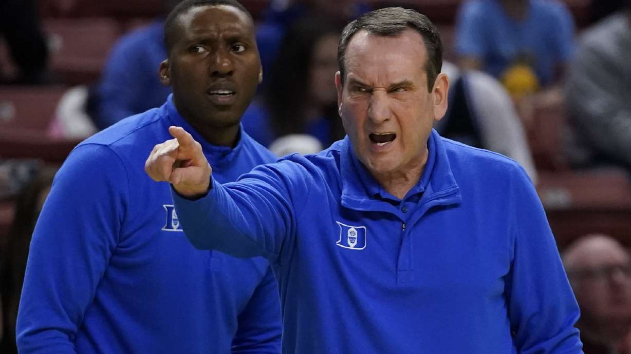 Duke head coach Mike Krzyzewski yells during the first half of a college basketball game against the Cal State Fullerton in the first round of the NCAA tournament on Friday, March 18, 2022, in Greenville, S.C.