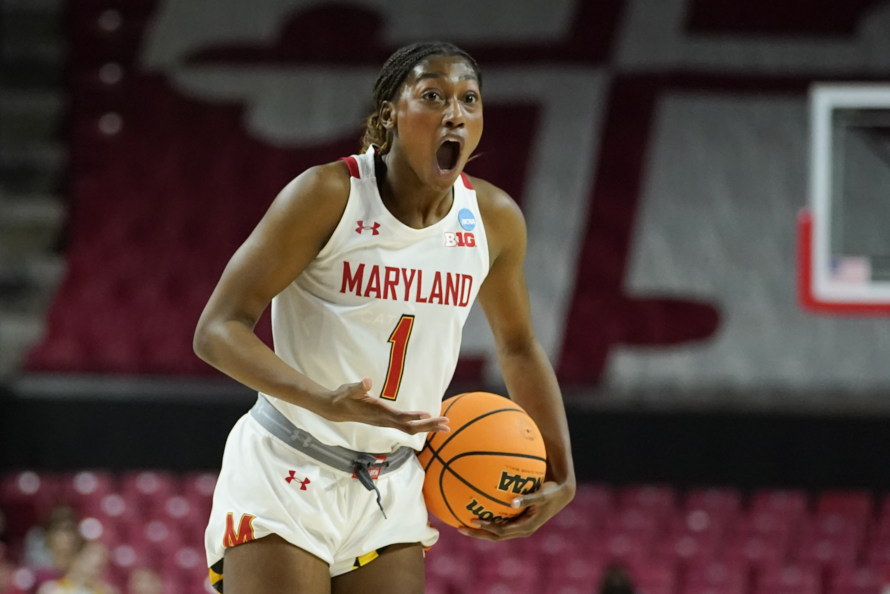 Maryland guard Diamond Miller reacts after a play against Florida Gulf Coast during the first half of a college basketball game in the second round of the NCAA tournament, Sunday, March 20, 2022, in College Park, Md. 