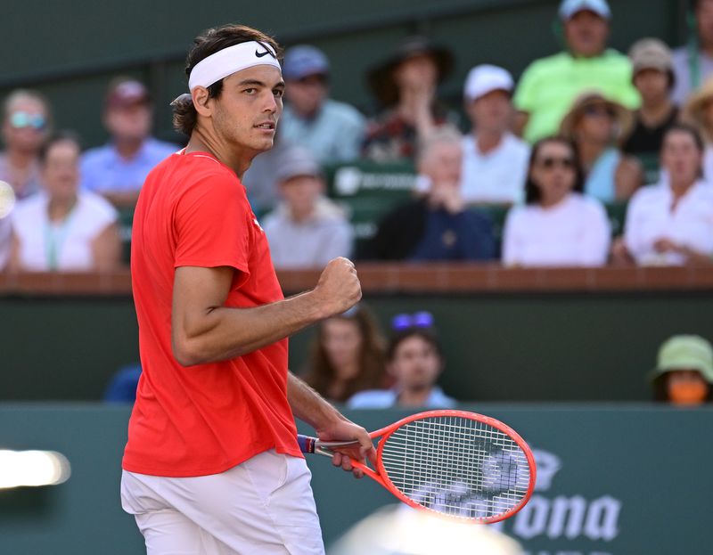 Mar 20, 2022; Indian Wells, CA, USA;   Taylor Fritz (USA) reacts after winning a point as he defeated Rafael Nadal (ESP) in the men’s final at the Indian Wells Tennis Garden.
