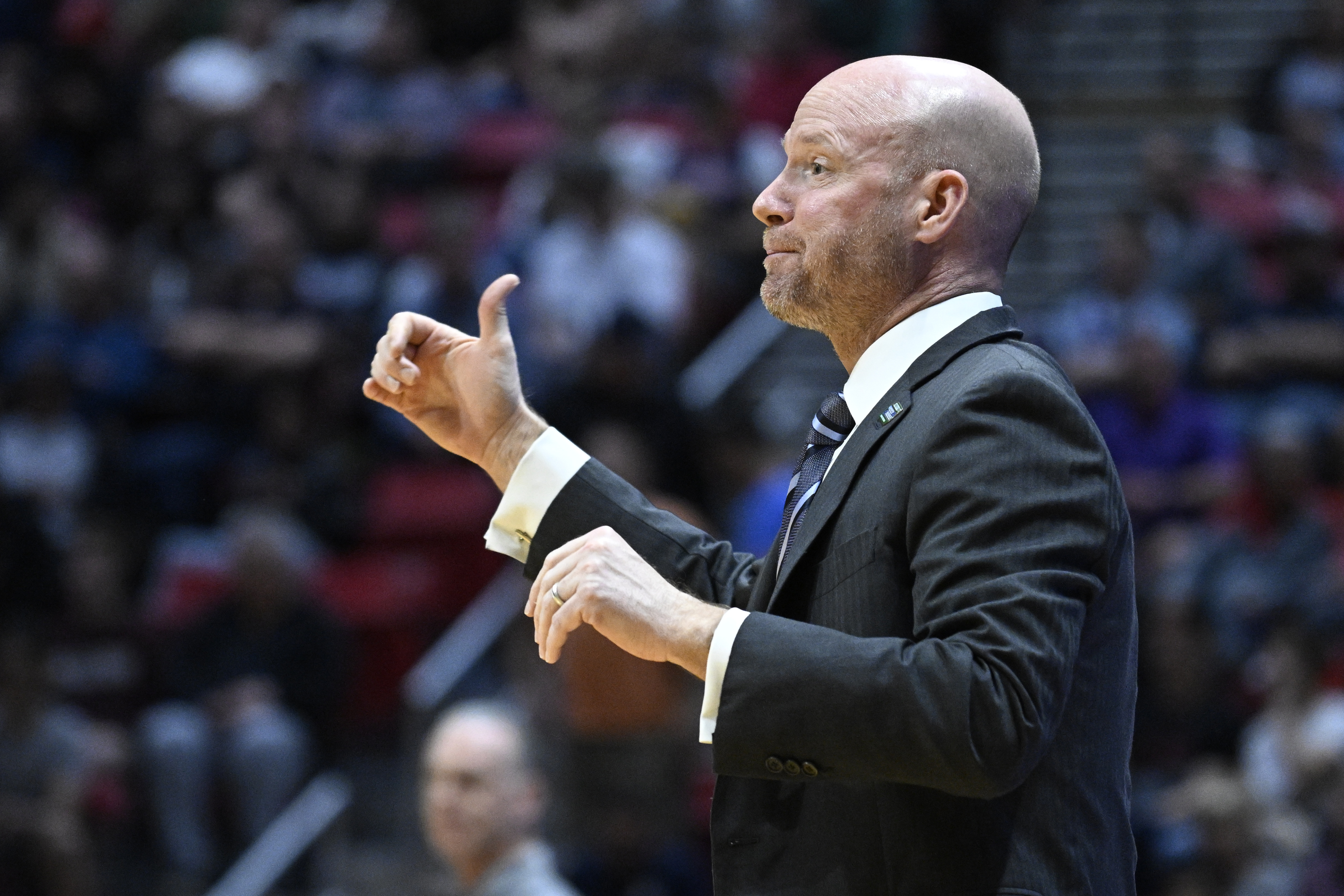 Seton Hall head coach Kevin Willard reacts from the bench during the first half of a first-round NCAA college basketball tournament game against TCU, Friday, March 18, 2022, in San Diego. 