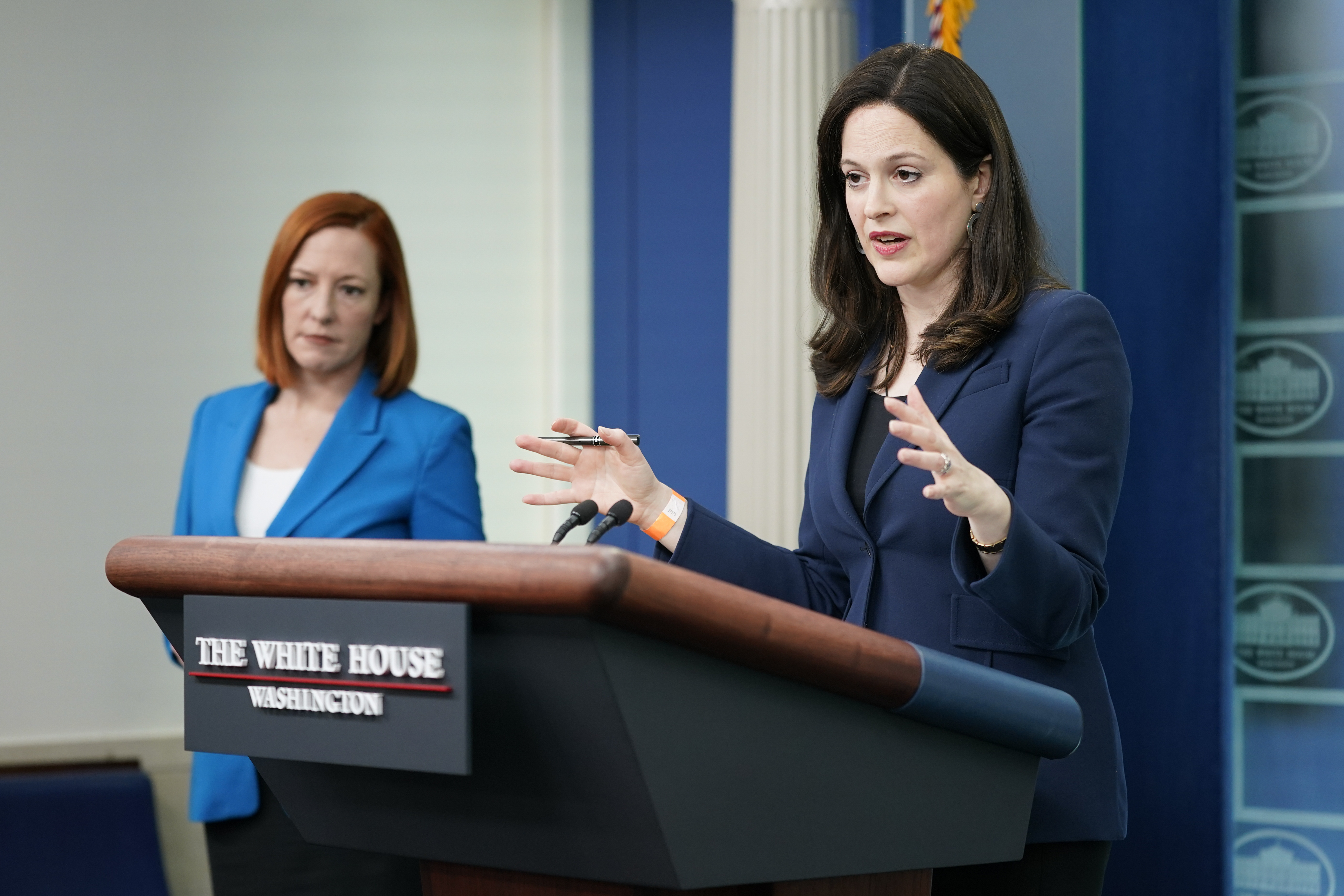 Anne Neuberger, Deputy National Security Advisor for Cyber and Emerging Technology, speaks alongside White House press secretary Jen Psaki during a press briefing at the White House, Monday.