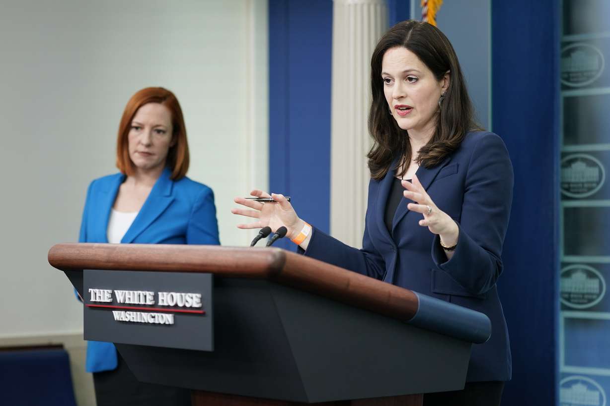 Anne Neuberger, Deputy National Security Advisor for Cyber and Emerging Technology, speaks alongside White House press secretary Jen Psaki during a press briefing at the White House, Monday.