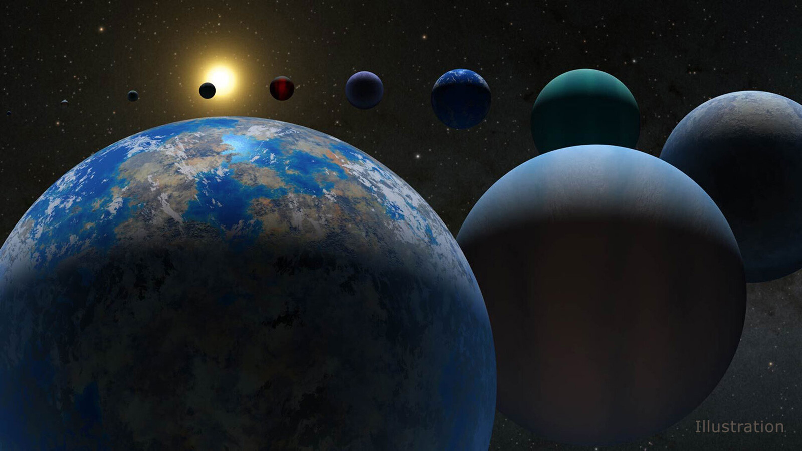 A variety of exoplanet types can be seen in this illustration. Scientists discovered the first exoplanets in the 1990s.