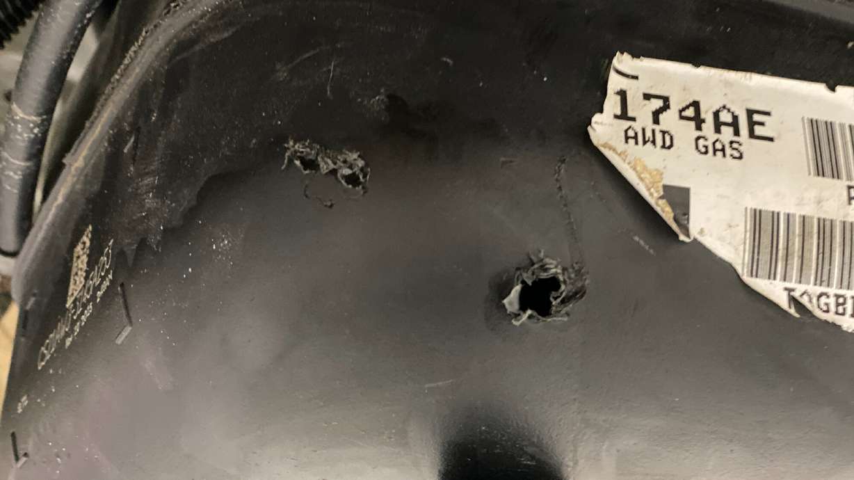 The damaged gas tank that Gross Auto Group employees discovered. Police departments nationwide are receiving reports of gas thefts from businesses, gas stations and individuals.