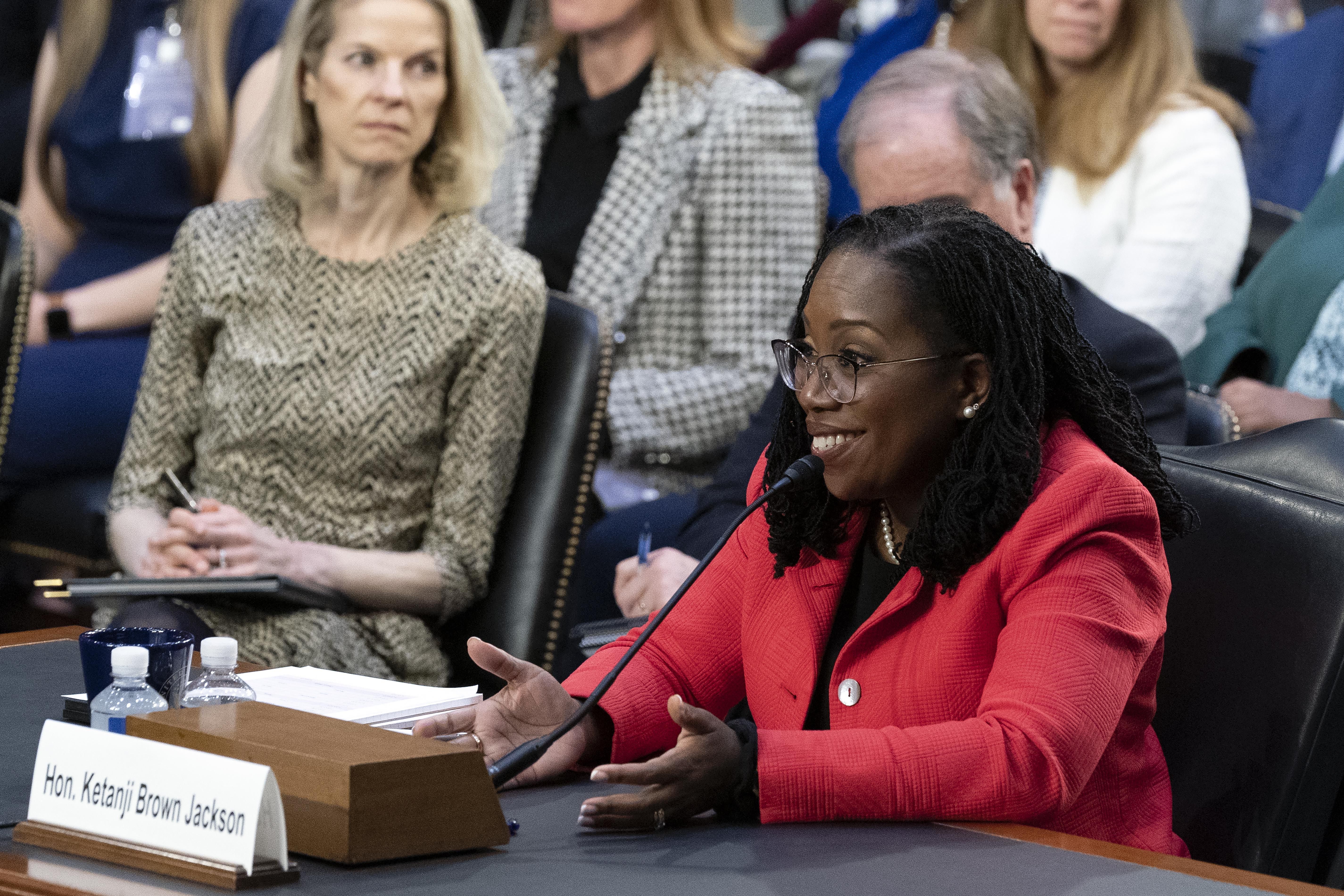 Supreme Court nominee Ketanji Brown Jackson speaks before the Senate Judiciary Committee as she attends the second day of her confirmation hearing, on Capitol Hill, Tuesday in Washington. Utah Sen. Mike Lee says some want to know where Judge Jackson stands on expanding the size of the Supreme Court.