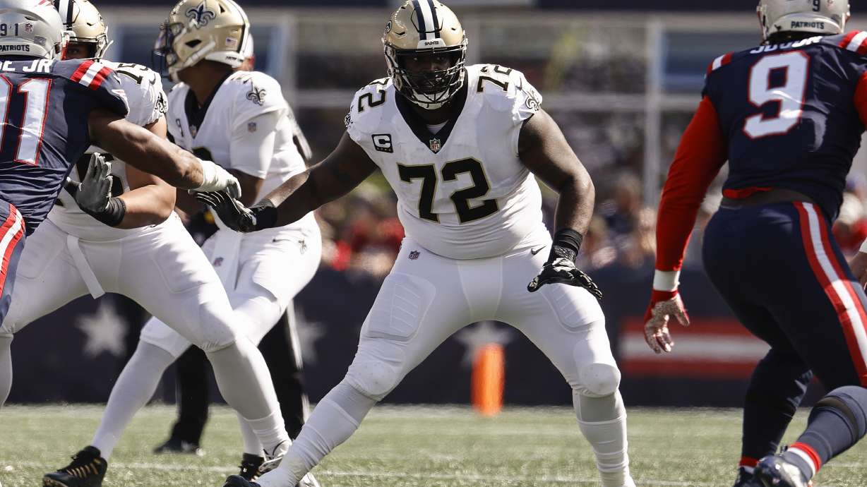 FILE - New Orleans Saints offensive tackle Terron Armstead looks to block against the New England Patriots during an NFL football game Sept. 26, 2021, in Foxborough, Mass. Armstead announced Tuesday night, March 22, that he’s signing with the Miami Dolphins.