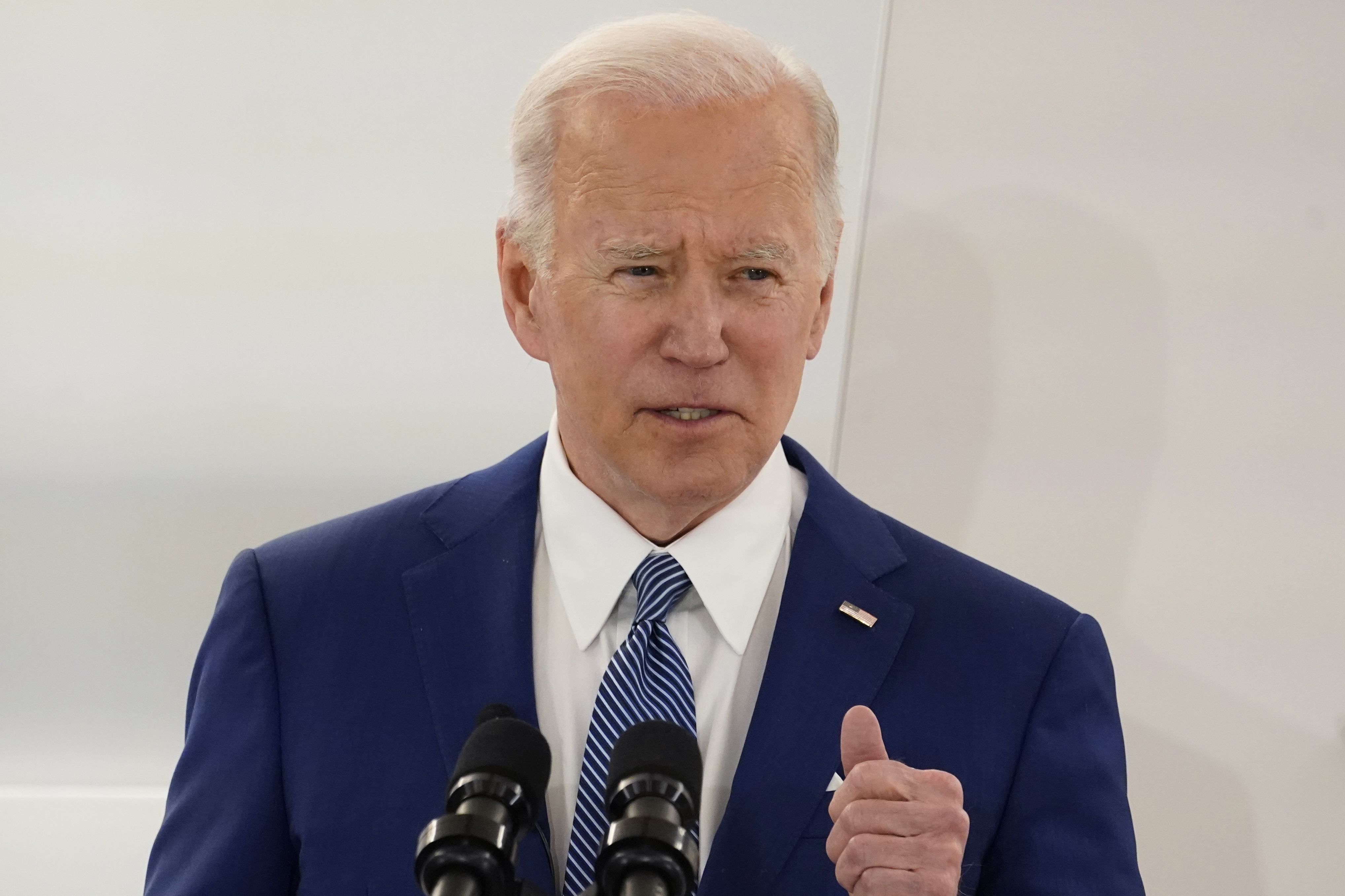President Joe Biden speaks Monday in Washington. Biden's trip to Europe comes at a critical moment for the war in Ukraine, which could become a bloody stalemate as Russia pummels cities with airstrikes and artillery.