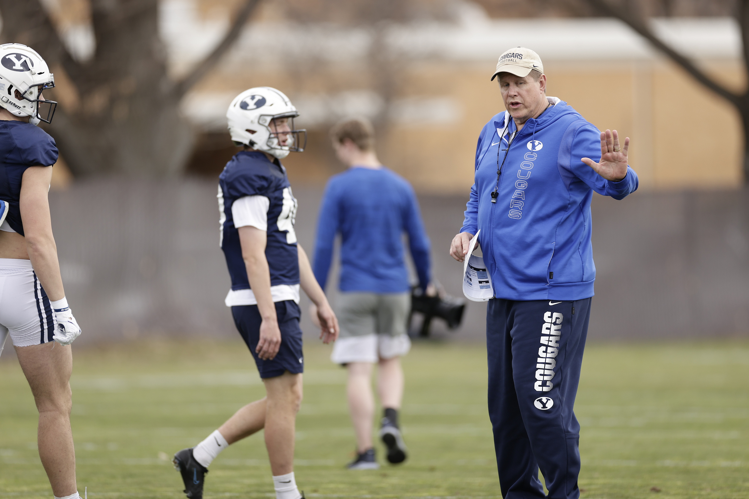 BYU offensive line coach Darrell Funk during practice, March 3, 2022 in Provo.