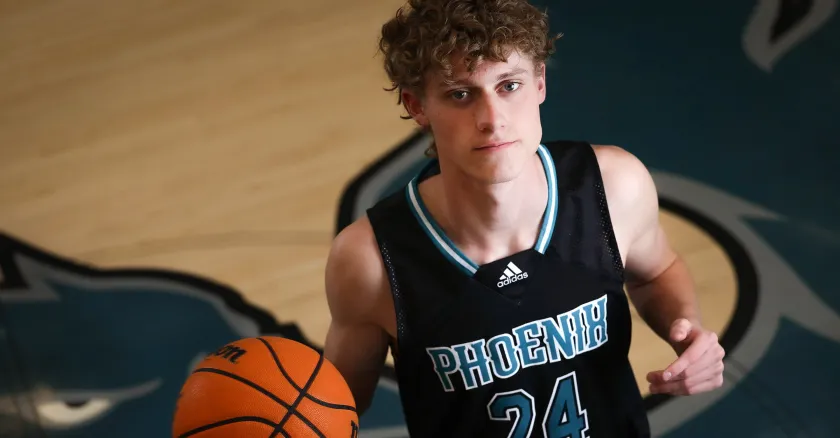 Farmington’s Collin Chandler is photographed at Farmington High School on March 16. Chandler is Mr. Basketball 2022.