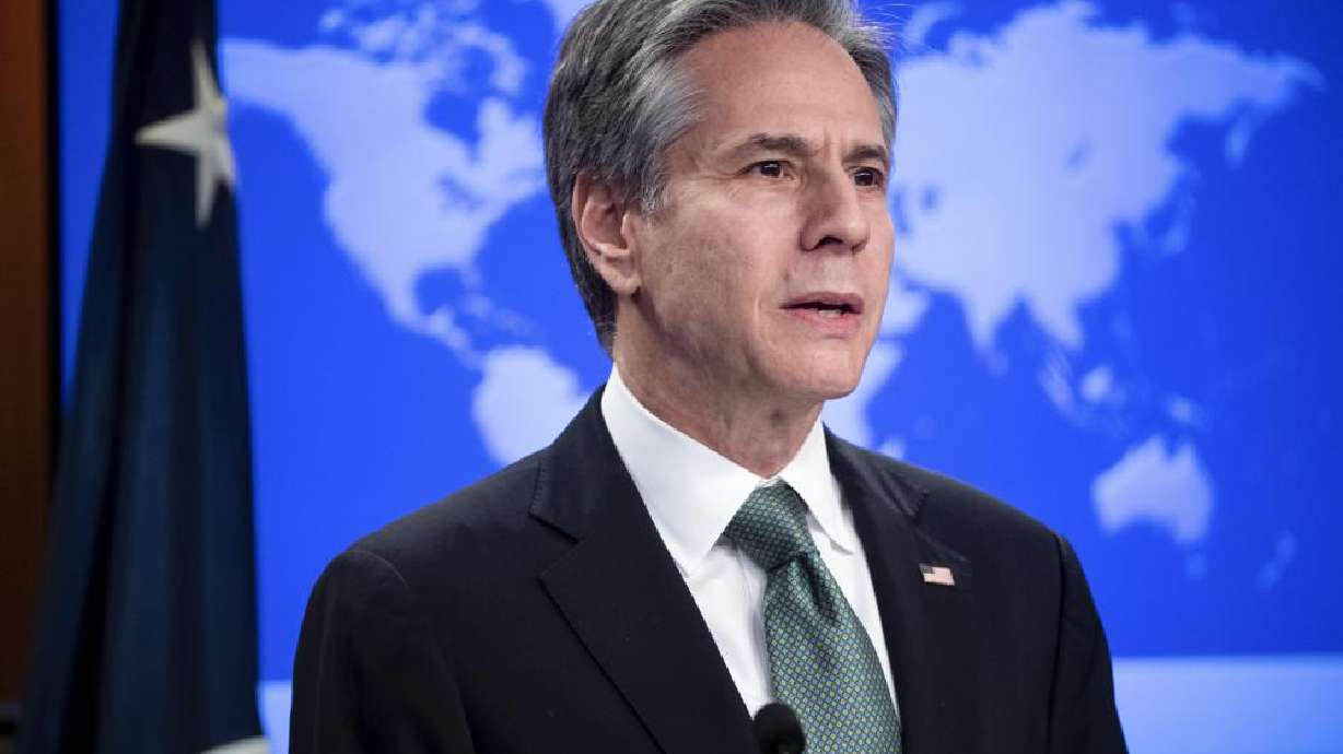 Secretary of State Antony Blinken speaks during a news conference Thursday, at the State Department in Washington. The Biden administration on Wednesday made a formal determination that Russian troops have committed war crimes in Ukraine and said it would work with others to prosecute offenders, Blinken said.