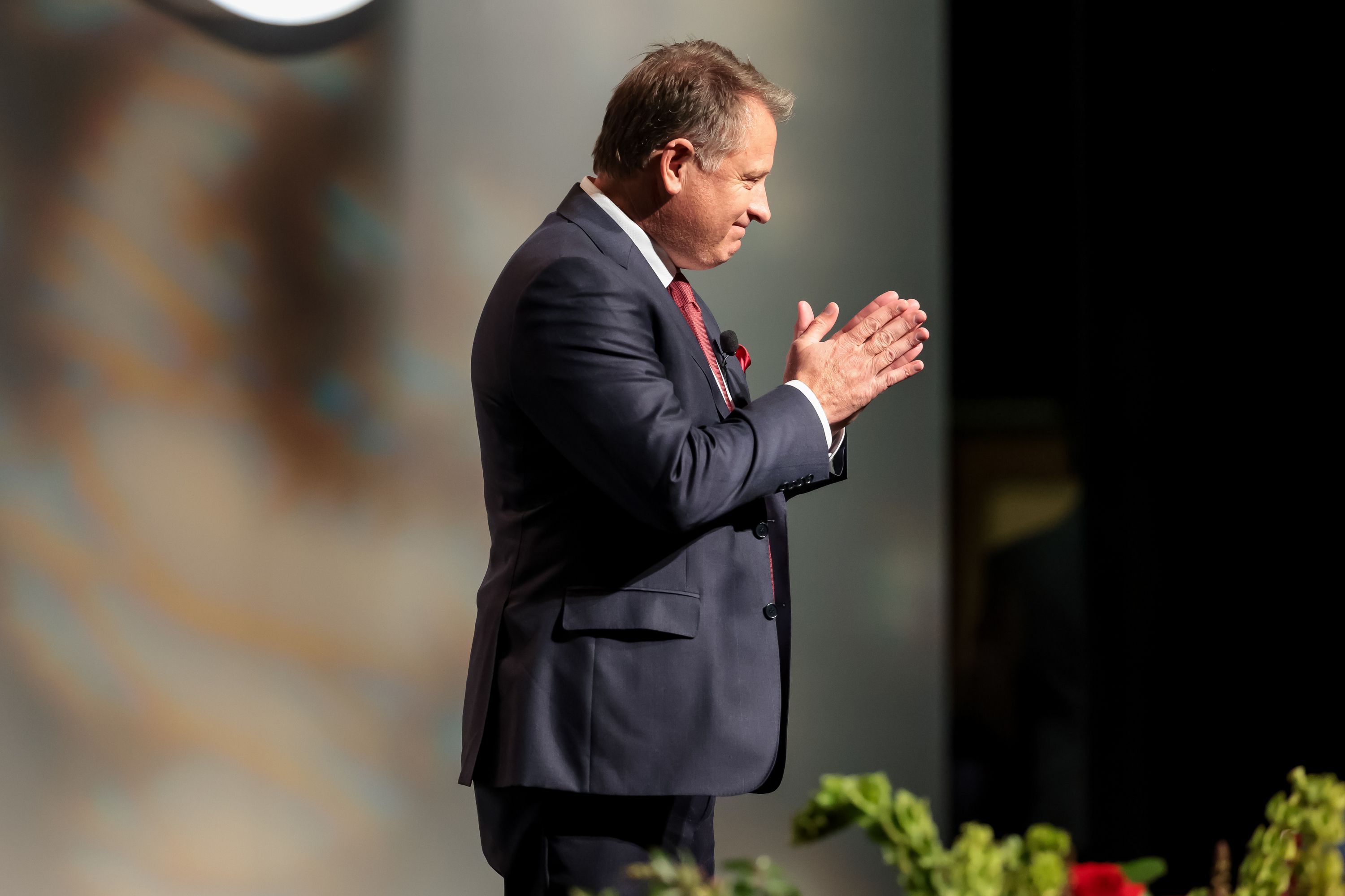 University of Utah President Taylor Randall motions in appreciation toward the crowd at his inauguration at Kingsbury Hall on the U. campus in Salt Lake City on Wednesday.