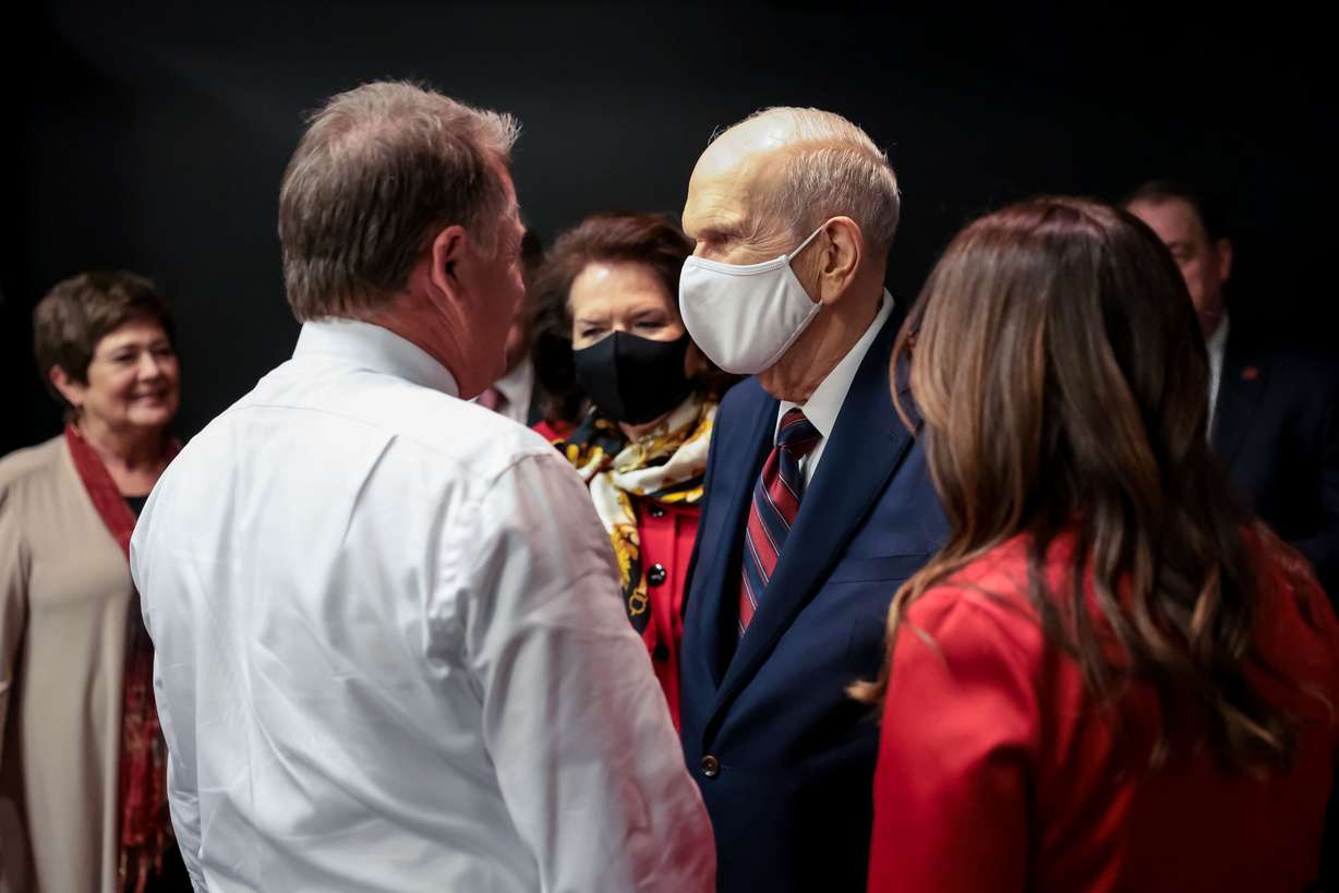 University of Utah President Taylor Randall, left, greets President Russell M. Nelson, president of The Church of Jesus Christ of Latter-day Saints, before Randall’s inauguration at Kingsbury Hall on the U. campus in Salt Lake City on Wednesday.