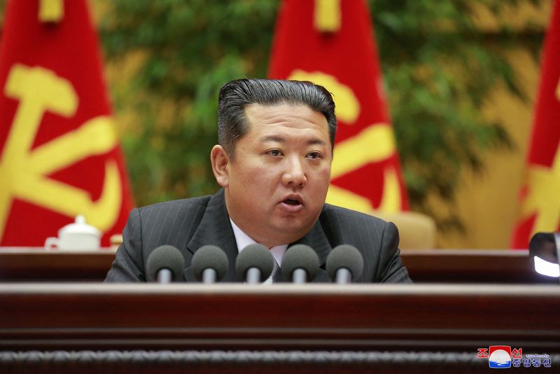 North Korean leader Kim Jong Un delivers opening remarks during the 2nd Conference of Secretaries of Primary Committees of the Workers' Party of Korea in this photo released on Feb. 27.
