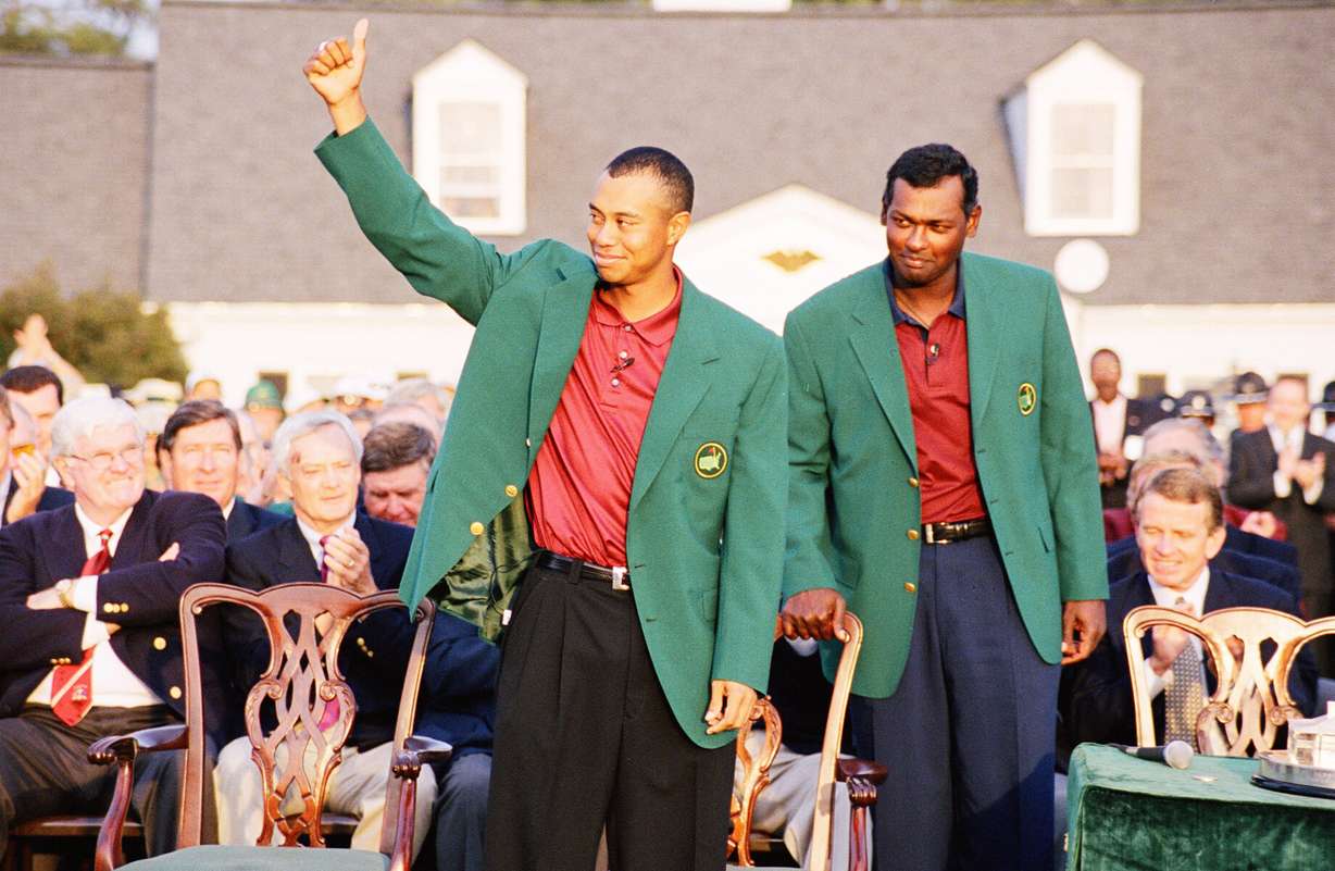 Tiger Woods and Vijay Singh during the presentation ceremony of the 2001 Masters tournament in Augusta, Georgia.