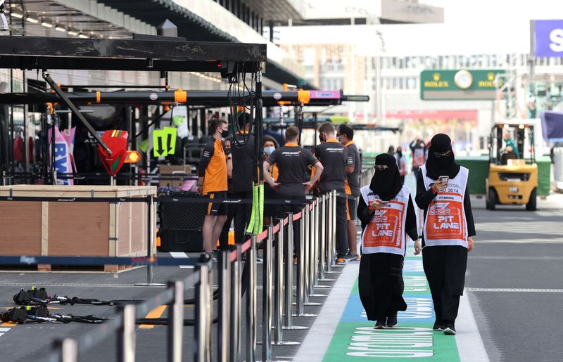 Formula One F1 - Saudi Arabia Grand Prix - Jeddah Corniche Circuit, Jeddah, Saudi Arabia - March 24, 2022 Pit lane marshals ahead of the grand prix