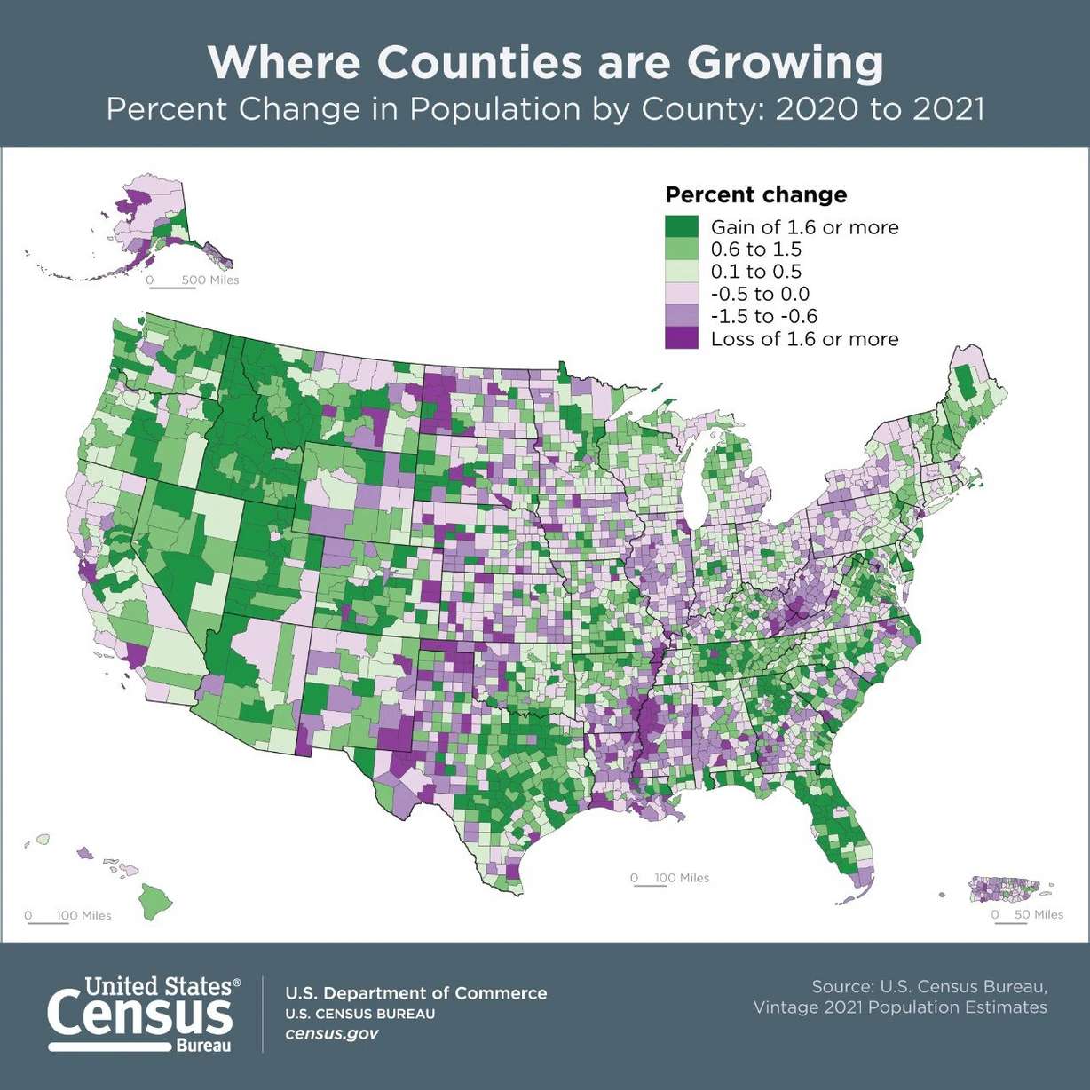 This map shows population trends per U.S. county from July 1, 2020, to July 1, 2021. Utah County placed 10th in absolute change increase.