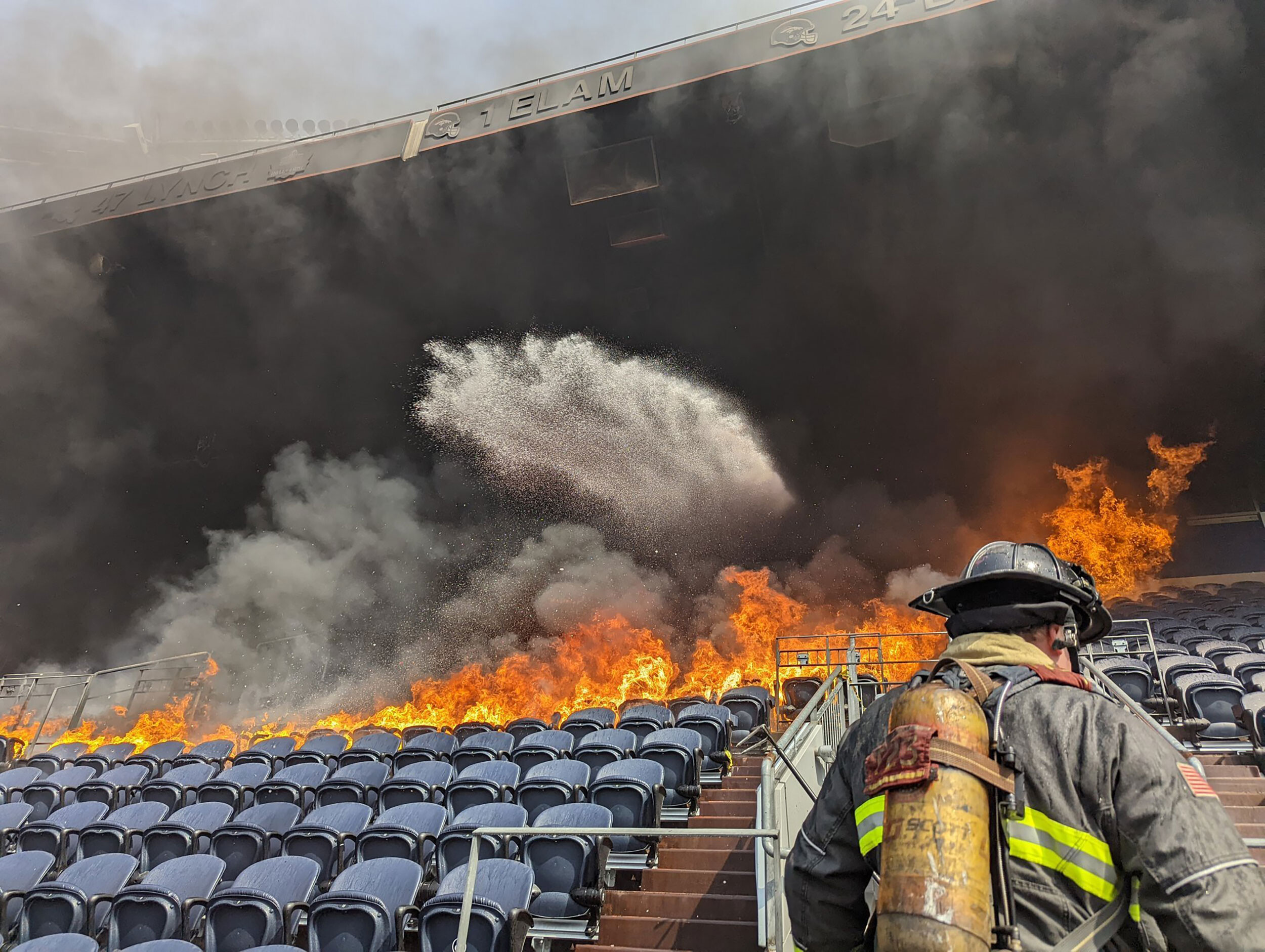 Seats in the third level of Empower Field in Denver caught fire Thursday afternoon.