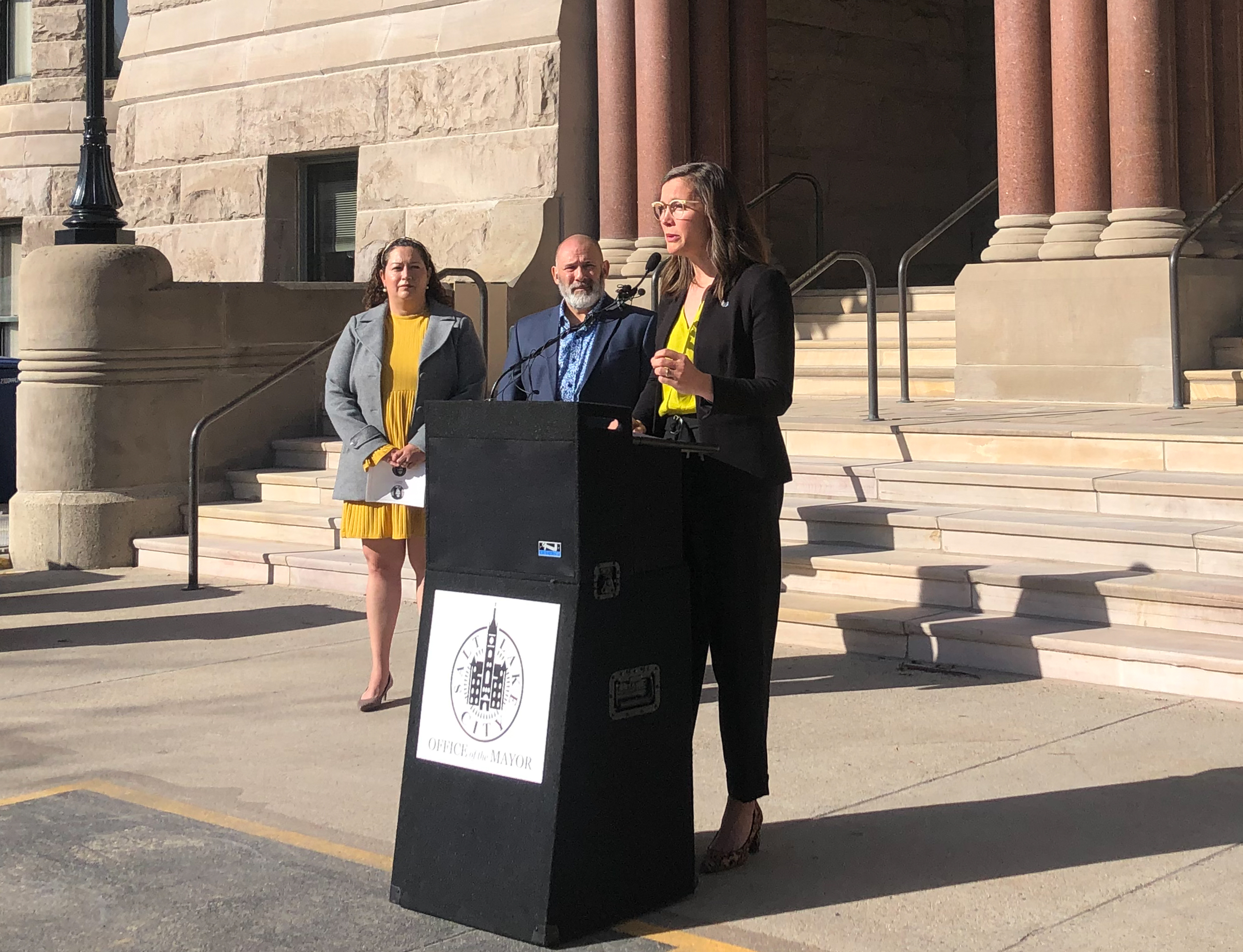 Salt Lake City Mayor Erin Mendenhall speaks about a city-wide pay audit, completed in 2021, at the Salt Lake City and County Building Thursday. 
