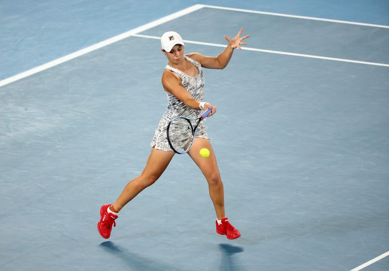 FILE PHOTO: Tennis - Australian Open - Melbourne Park, Melbourne, Australia - January 27, 2022  Australia's Ashleigh Barty in action during her semi final match against Madison Keys of the U.S.