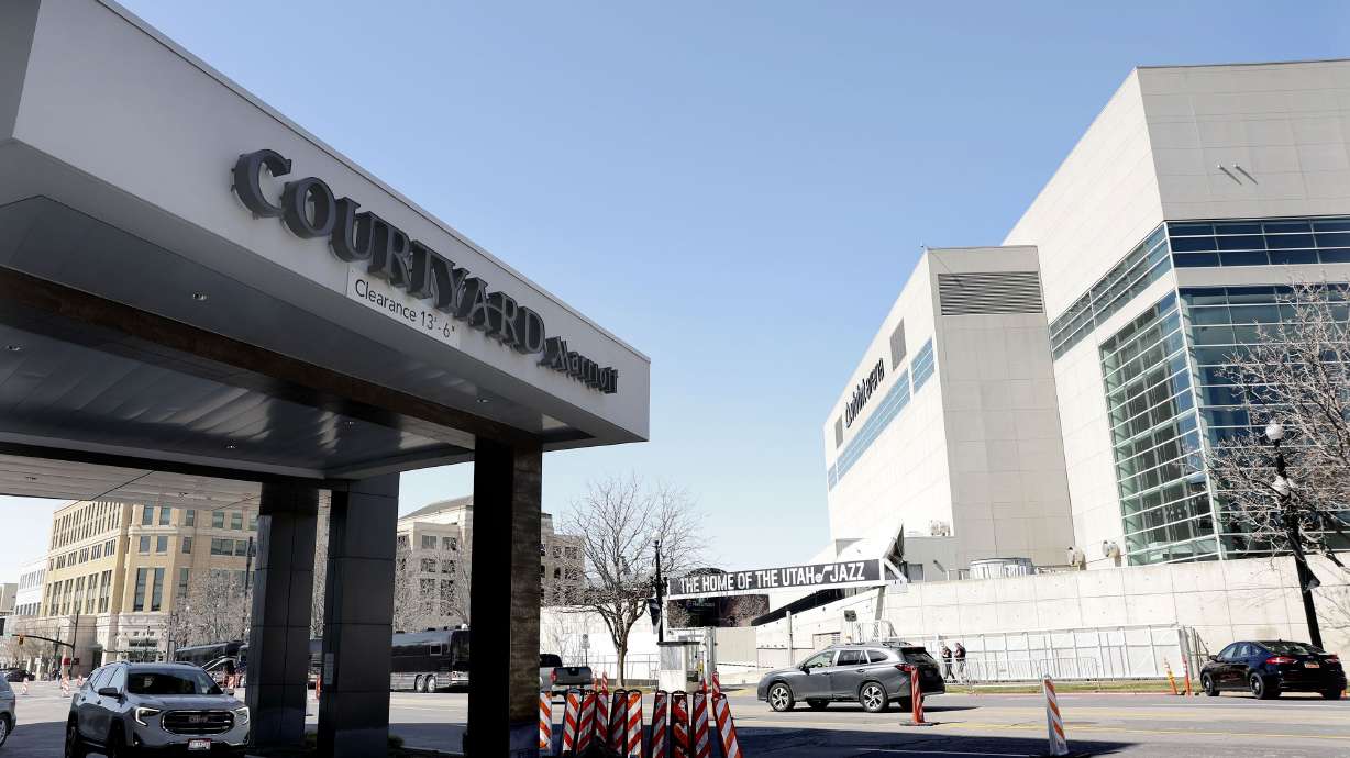 A Courtyard Marriott that is located across the street from the Vivint Arena is pictured in Salt Lake City on Thursday. Utah's economy, reputation could suffer under transgender athlete ban.