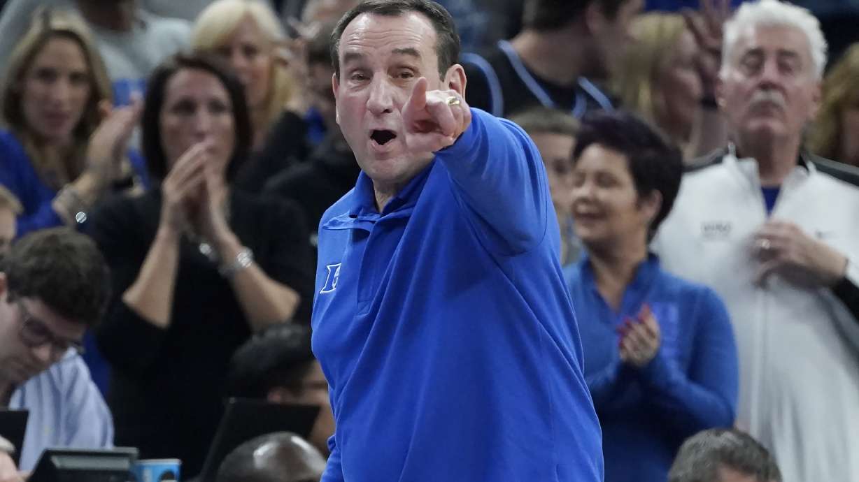 Duke head coach Mike Krzyzewski gestures toward players during the second half of his team's college basketball game against Texas Tech in the Sweet 16 round of the NCAA tournament in San Francisco, Thursday, March 24, 2022.