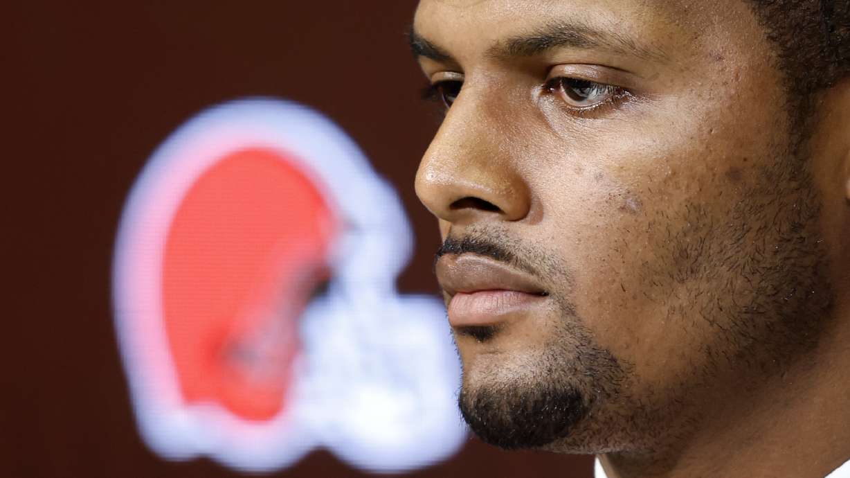 Cleveland Browns new quarterback Deshaun Watson listens to a question during a news conference at the NFL football team's training facility, Friday, March 25, 2022, in Berea, Ohio.