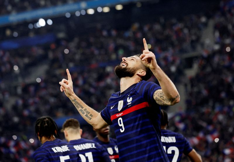 Soccer Football - International Friendly - France v Ivory Coast - Orange Velodrome, Marseille, France - March 25, 2022 France's Olivier Giroud celebrates scoring their first goal