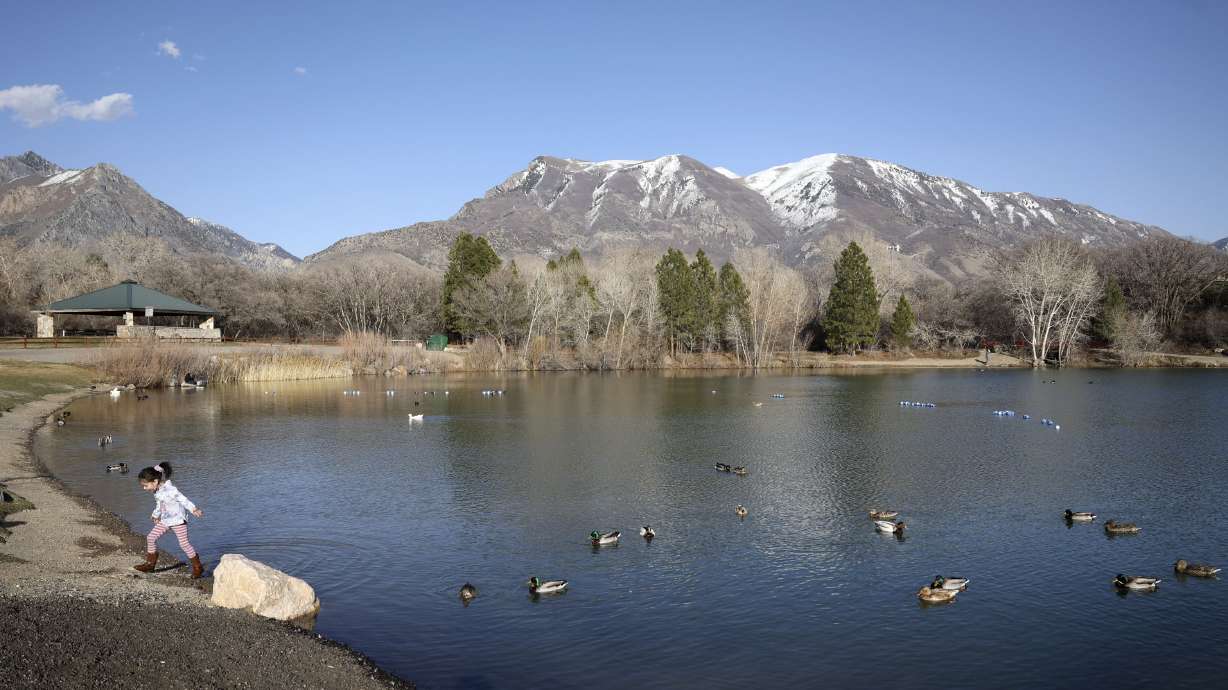 Hazel Bunker walks back on shore after looking at the ducks in Highland Glen Park in Highland on March 24. Highland and Alpine are hoping to increase connectivity between the cities through trails, sidewalks and other transportation routes and are collecting public input to do so.