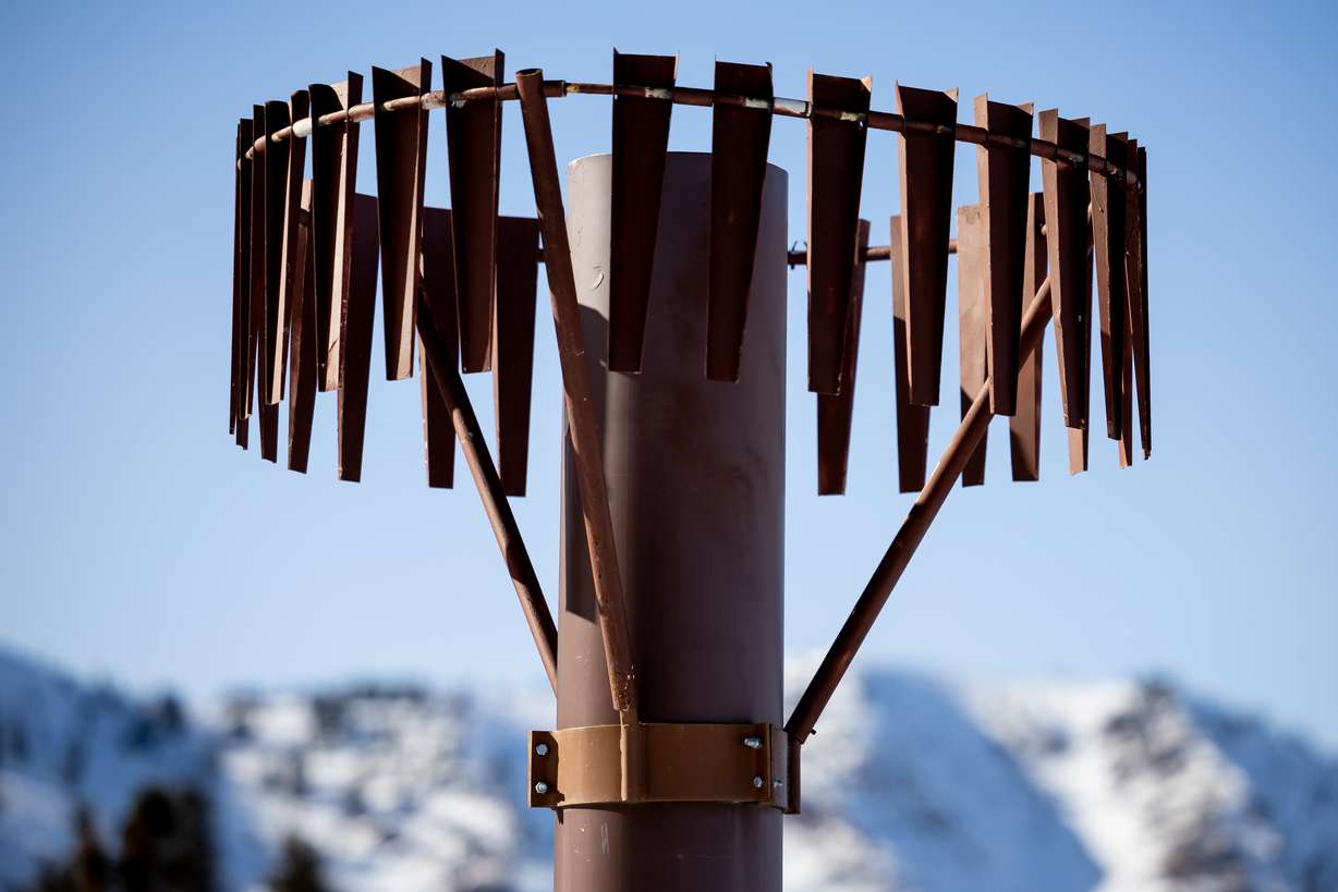 A precipitation gauge at the Utah Snow Survey’s Powder Mountain SNOTEL Site is pictured at the ski resort in Eden on Thursday. The tube in the center collects snow for measurement, while the ring of angled pieces of metal around it form an “alter shield” that minimizes wind disruption.