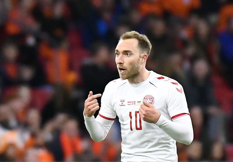 Soccer Football - International Friendly - Netherlands v Denmark - Johan Cruijff ArenA, Amsterdam, Netherlands - March 26, 2022 Denmark's Christian Eriksen comes in as a substitute after his incident at the Euro 2020
