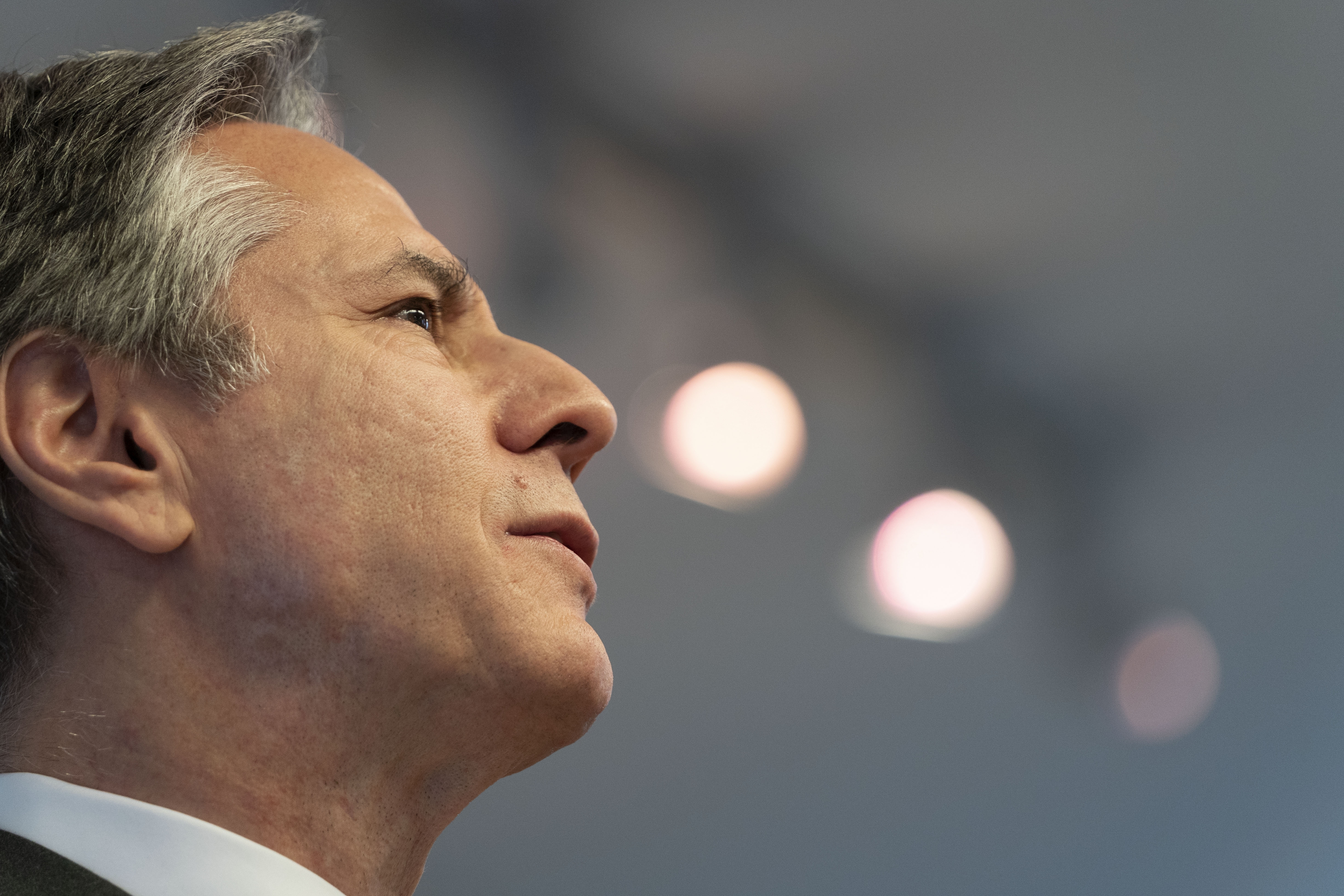 U.S. Secretary of State Antony Blinken speaks during a news conference with Israel's Foreign Minister Yair Lapid, Sunday at Israel's Ministry of Foreign Affairs in Jerusalem.
