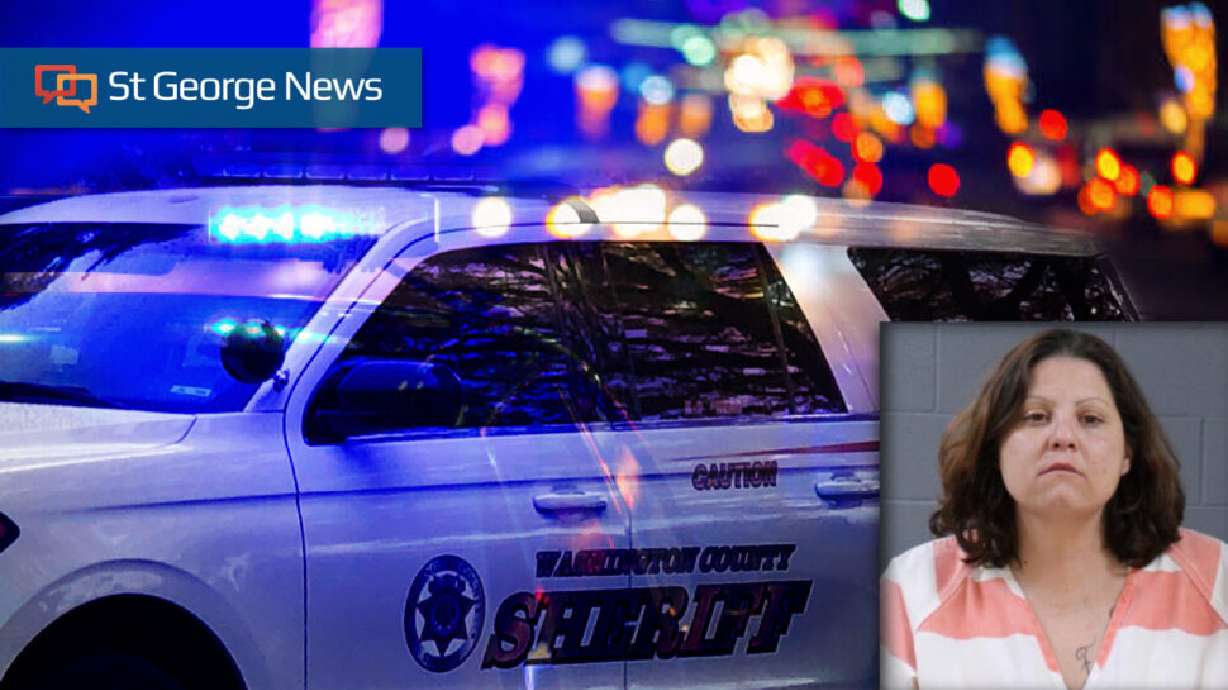 Composite image with background stock photo and overlay of Washington County Sheriff's Office patrol vehicle; booking photo of Felicia Ramona Buckley-Bowers taken in Washington County, Feb. 28, 2021.