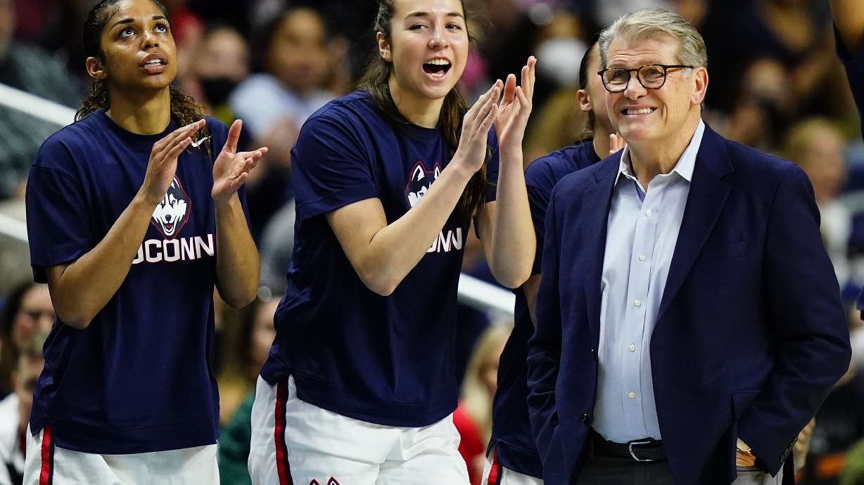 Connecticut head coach Geno Auriemma watches play against Indiana during the first quarter of a college basketball game in the Sweet Sixteen round of the NCAA women's tournament, Saturday, March 26, 2022, in Bridgeport, Conn.