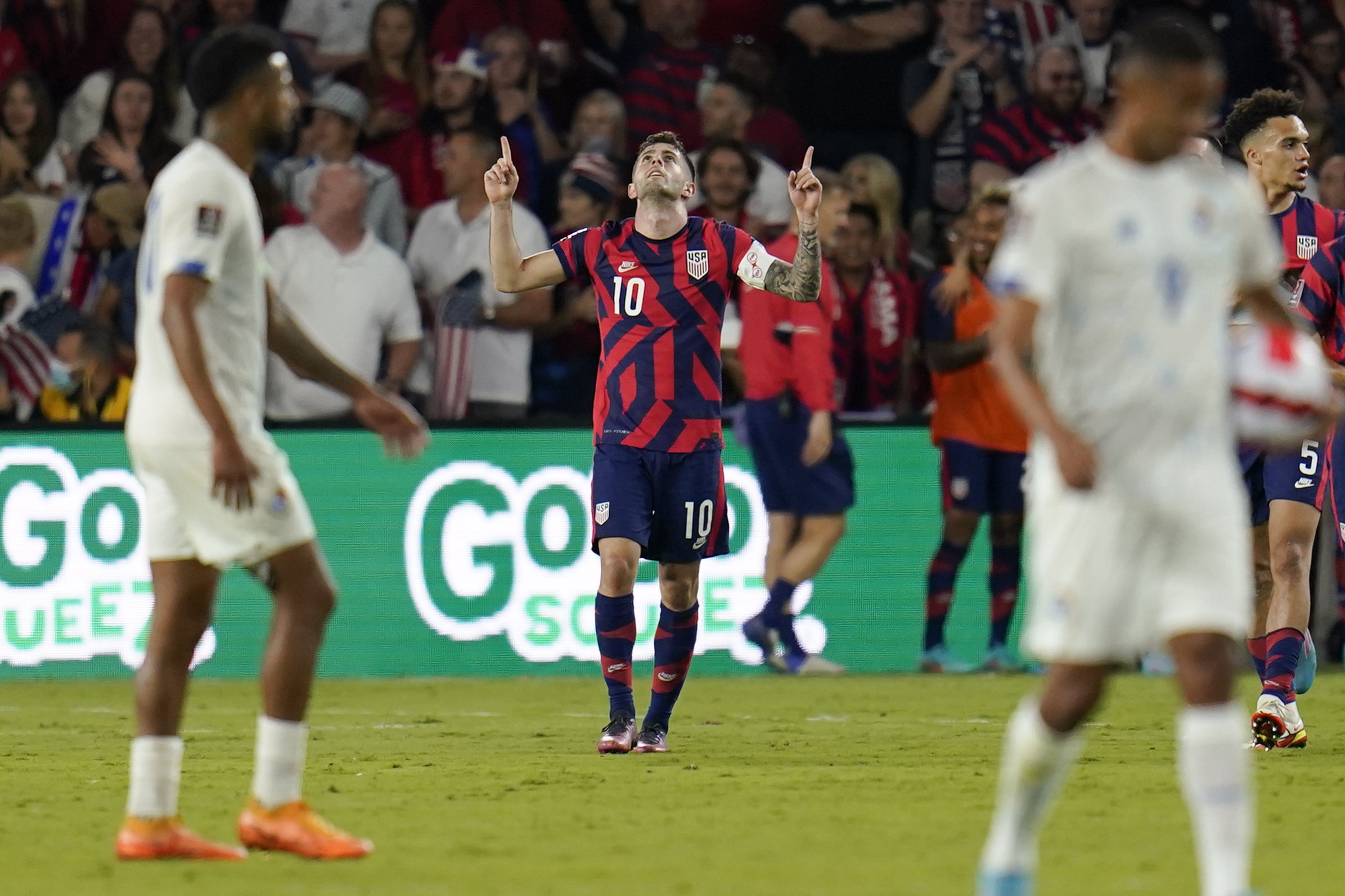 United States' Christian Pulisic (10) reacts after scoring his third goal of the game during the second half of a FIFA World Cup qualifying soccer match against Panama, Sunday, March 27, 2022, in Orlando, Fla. 