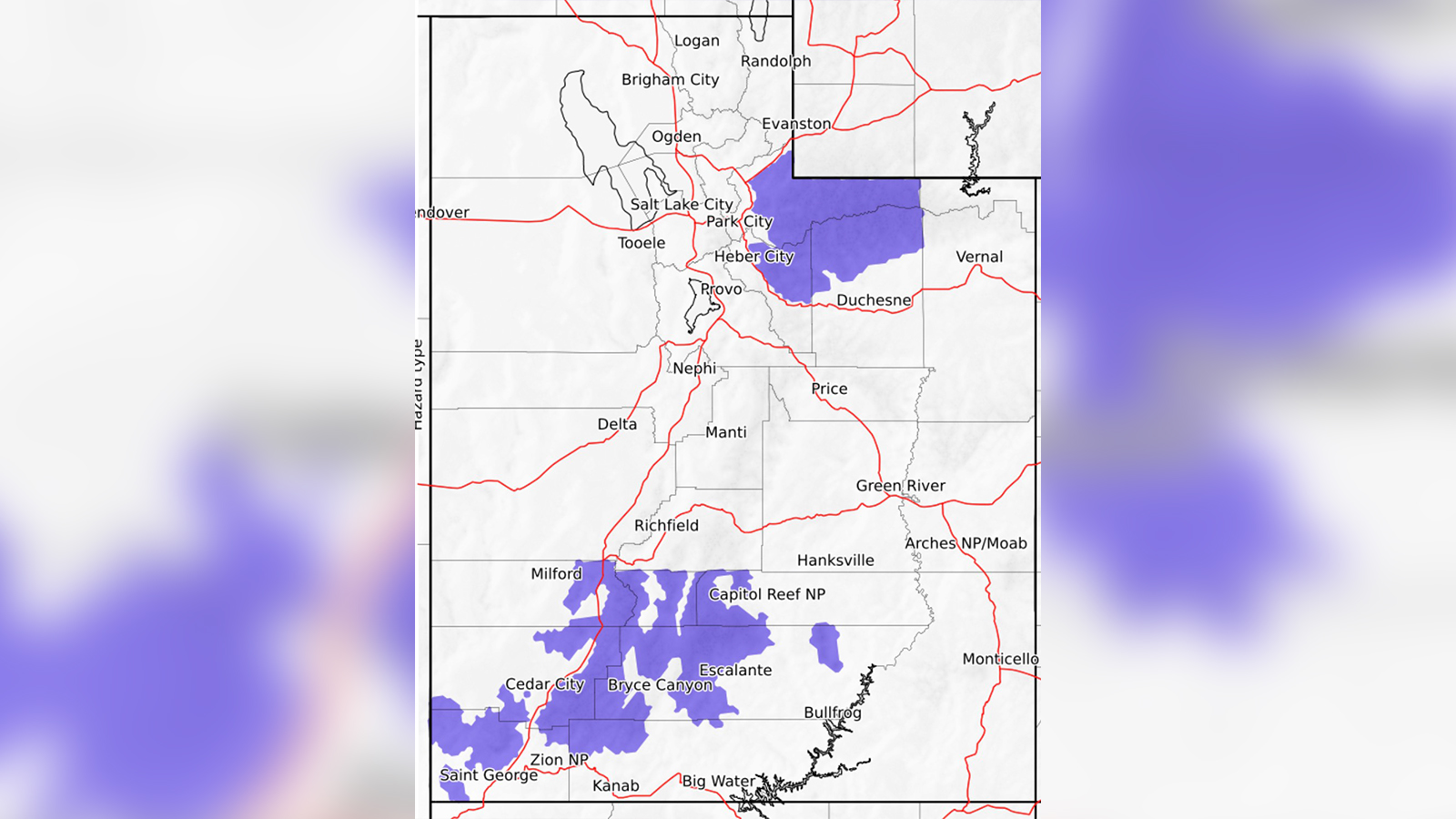 This map shows where winter weather advisories have been issued in Utah for Monday evening through Wednesday morning. The rest of the state is forecast to receive rain.