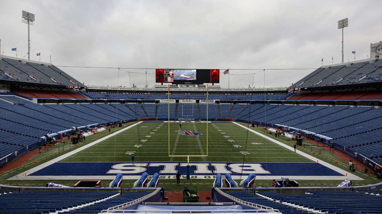 FILE - The field is prepared at Highmark Stadium before an NFL football game between the Buffalo Bills and the Carolina Panthers, Dec. 19, 2021, in Orchard Park, N.Y. The Bills moved closer to landing $200 million in NFL funding to help finance their bid to build a new stadium, a person with direct knowledge of the situation told The Associated Press on Friday, March 25, 2022.