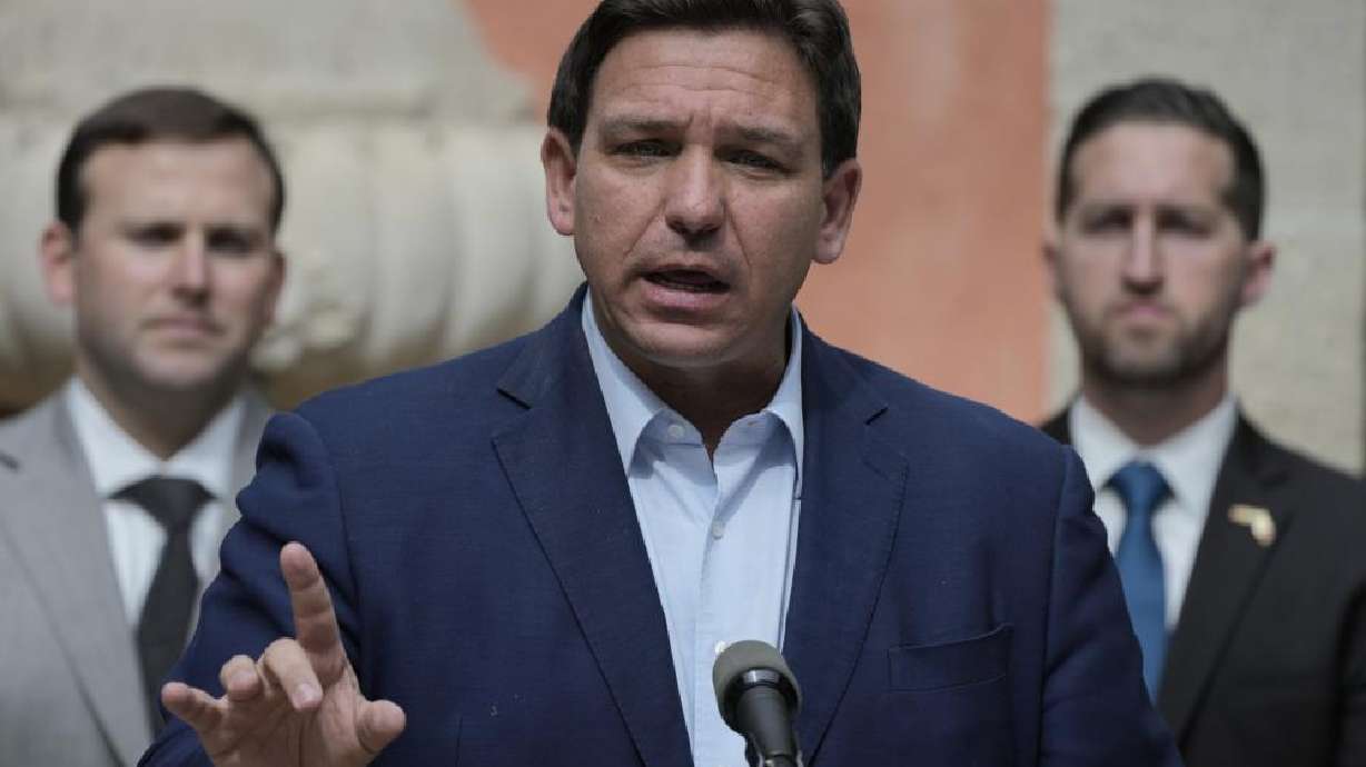 Florida Gov. Ron DeSantis speaks during a news conference, Feb. 1, in Miami. Gov. DeSantis signed a bill Monday that forbids instruction on sexual orientation and gender identity in kindergarten through third grade.