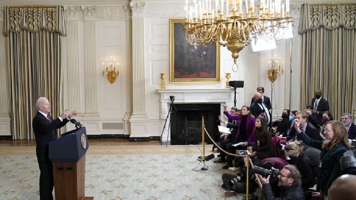 President Joe Biden speaks about Russian President Vladimir Putin and Russia's invasion of Ukraine after unveiling his proposed budget for fiscal year 2023 in the State Dining Room of the White House, Monday in Washington. Biden said he would make “no apologies” and wasn’t “walking anything back” after his weekend comment that Putin “cannot remain in power.”