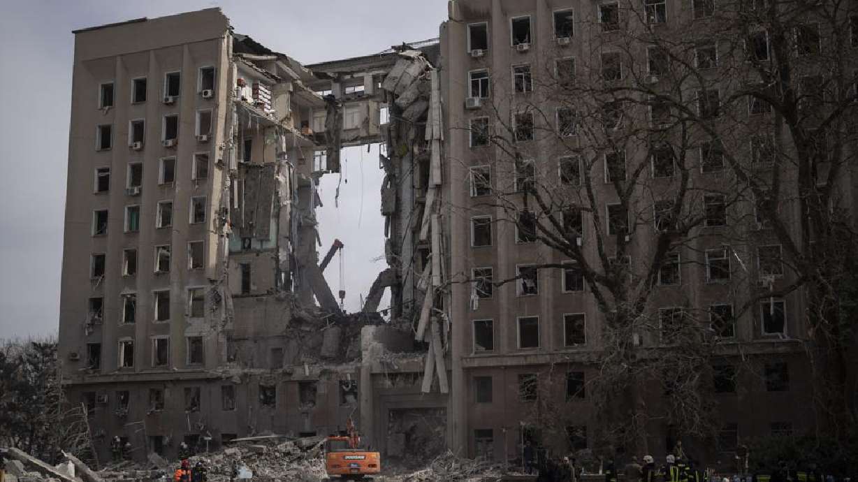 The regional government headquarters of Mykolaiv, Ukraine, following a Russian attack, on Tuesday. Ukrainian President Volodymyr Zelenskyy says seven people were killed in a missile strike on the regional government headquarters in the southern city of Mykolayiv.