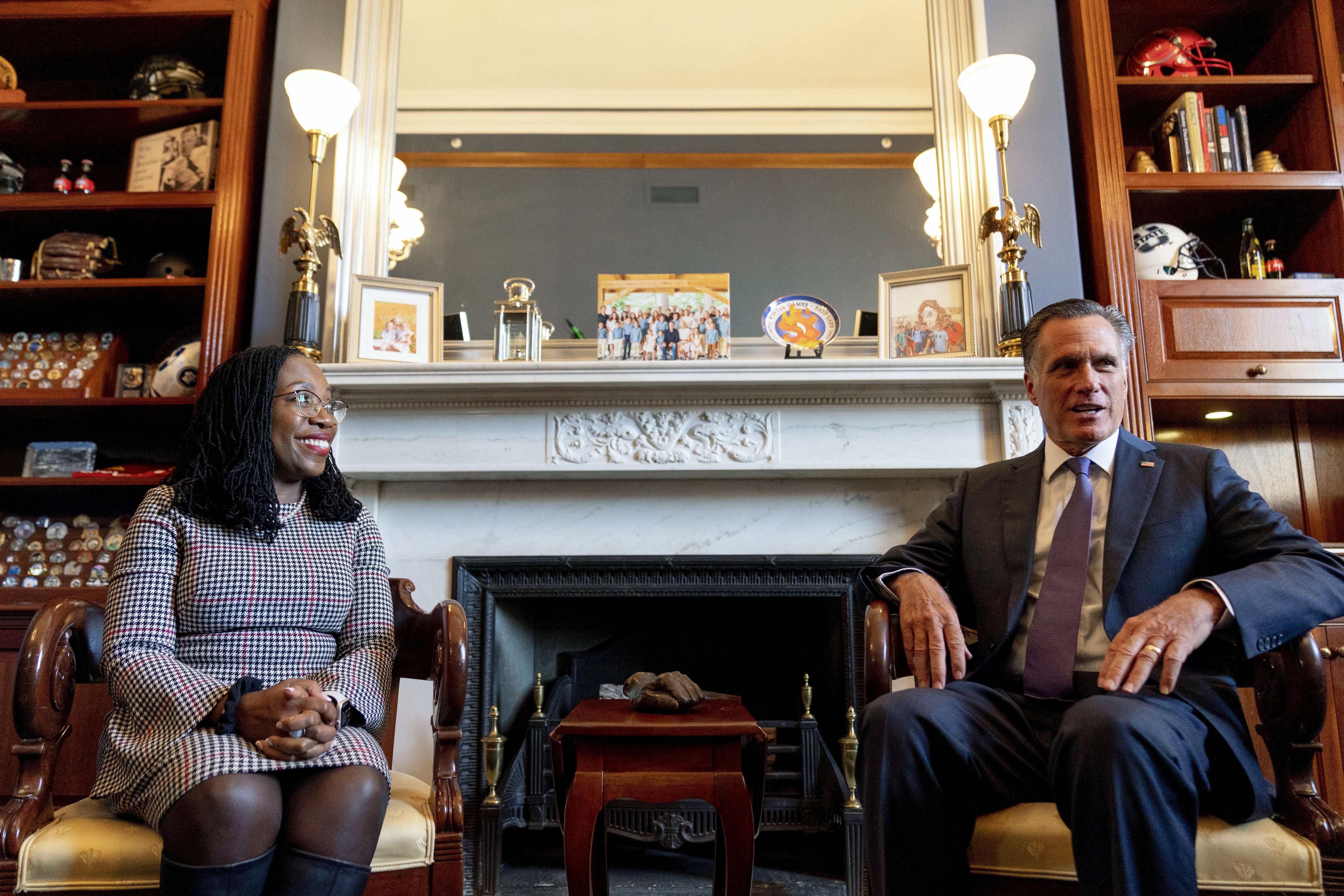 Supreme Court nominee Ketanji Brown Jackson meets with Sen. Mitt Romney, R-Utah, in his office on Capitol Hill on Tuesday in Washington.