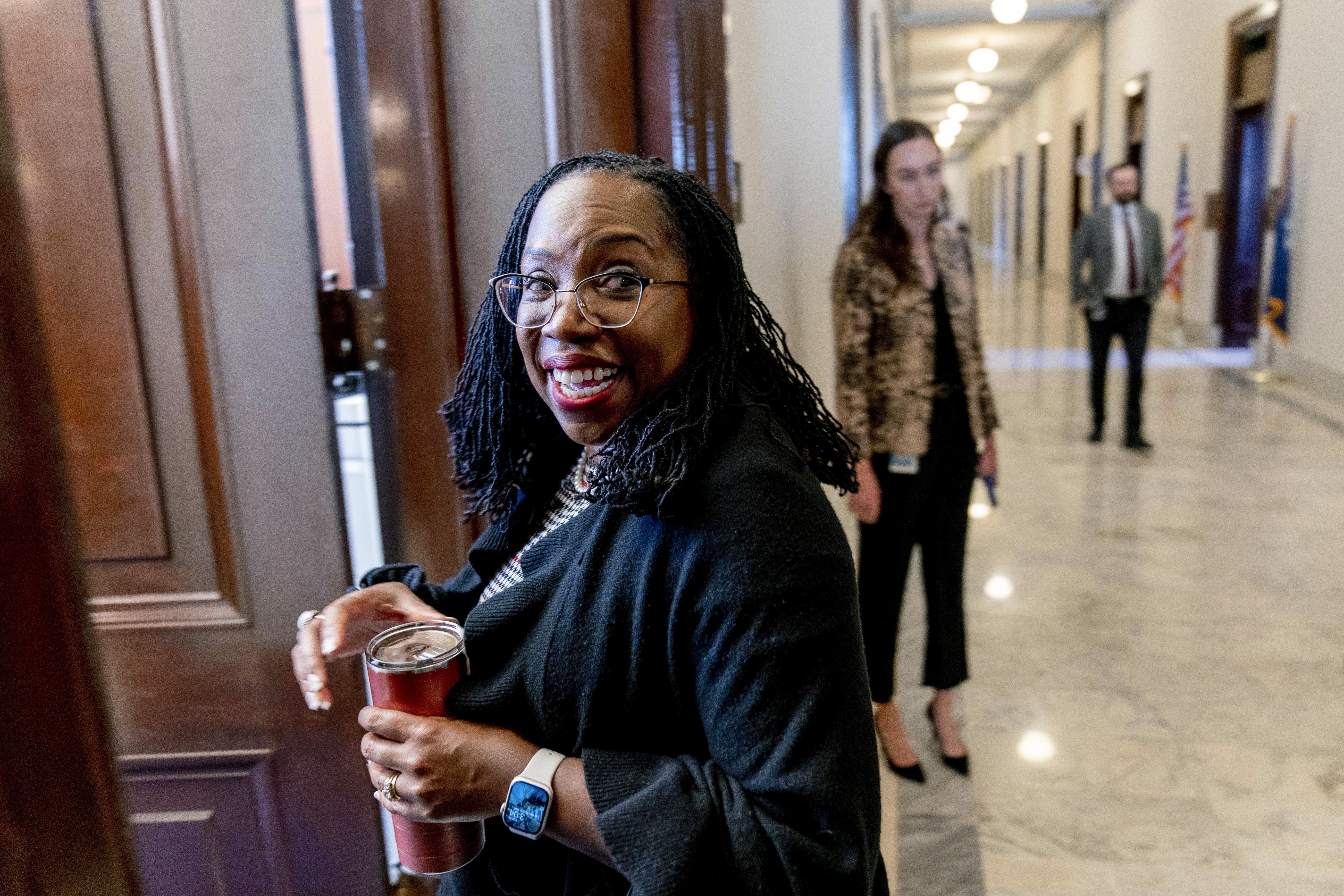 Supreme Court nominee Ketanji Brown Jackson arrives to meet with Sen. Mitt Romney, R-Utah, in his office on Capitol Hill on Tuesday, March 29, 2022, in Washington.