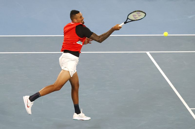 Tennis - Australian Open - Men's Doubles Final - Melbourne Park, Melbourne, Australia - January 29, 2022 Australia's Nick Kyrgios in action during the final with Thanasi Kokkinakis against Australia's Matthew Ebden and Max Purcell